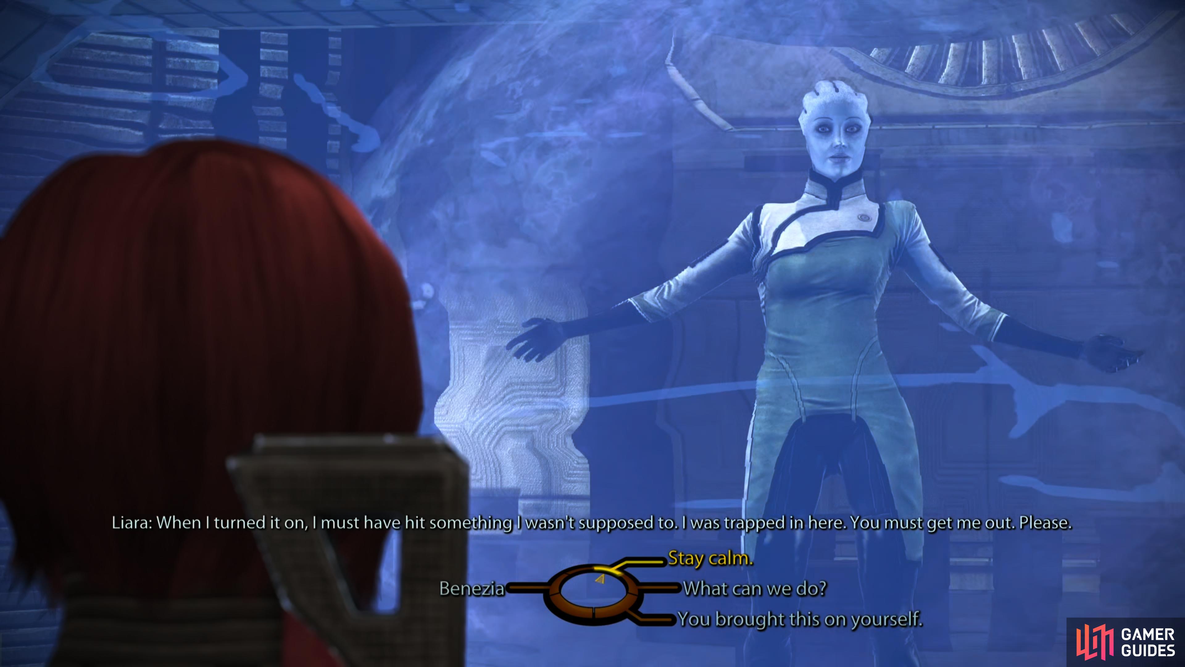 After riding a second elevator you'll stumble across a trapped Liara.