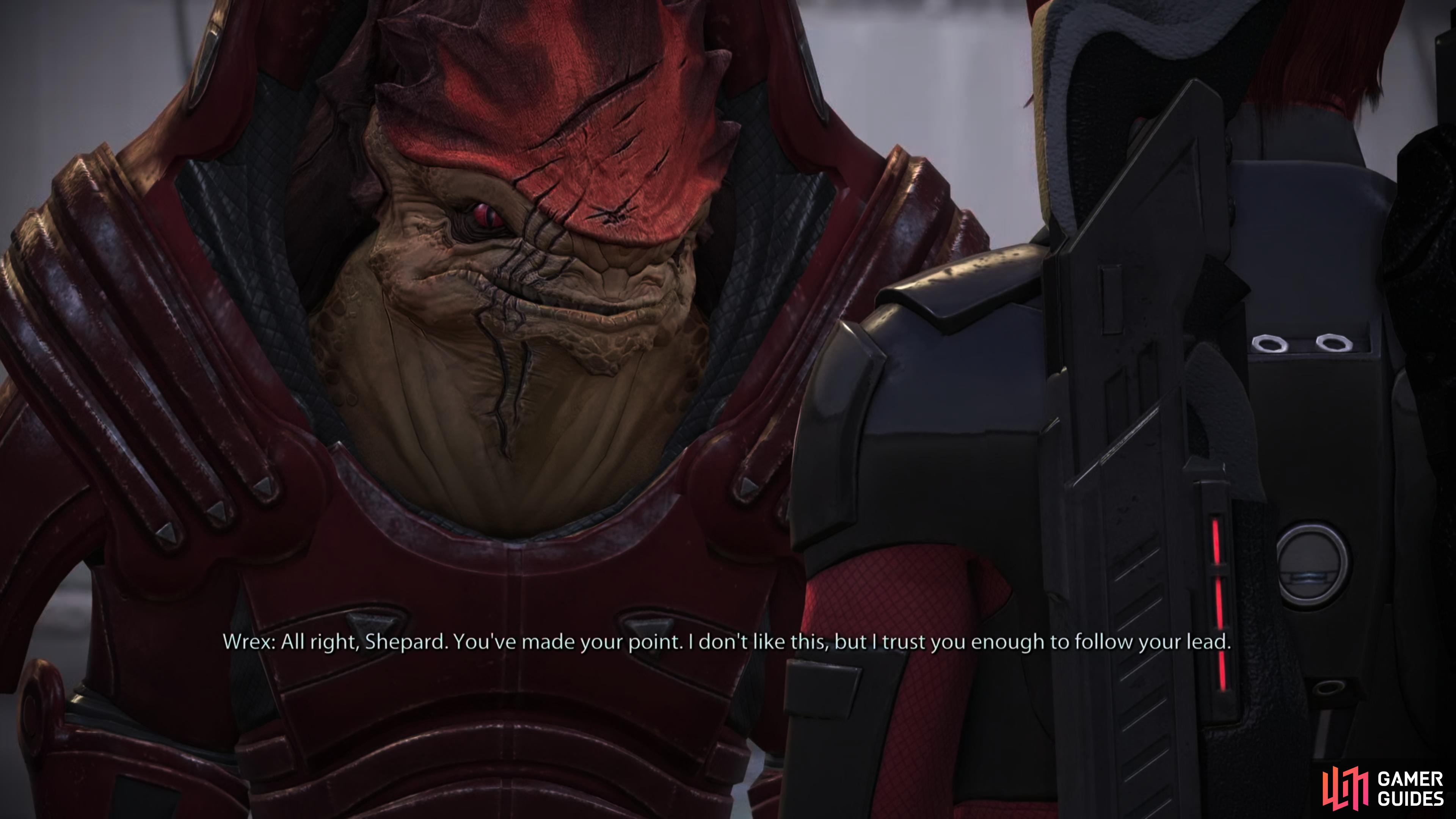 If you completed the assignment Wrex: Family Armor and stick to Paragon options - or if you select a Charm/intimidate dialog option - you can convince Wrex to stand down.