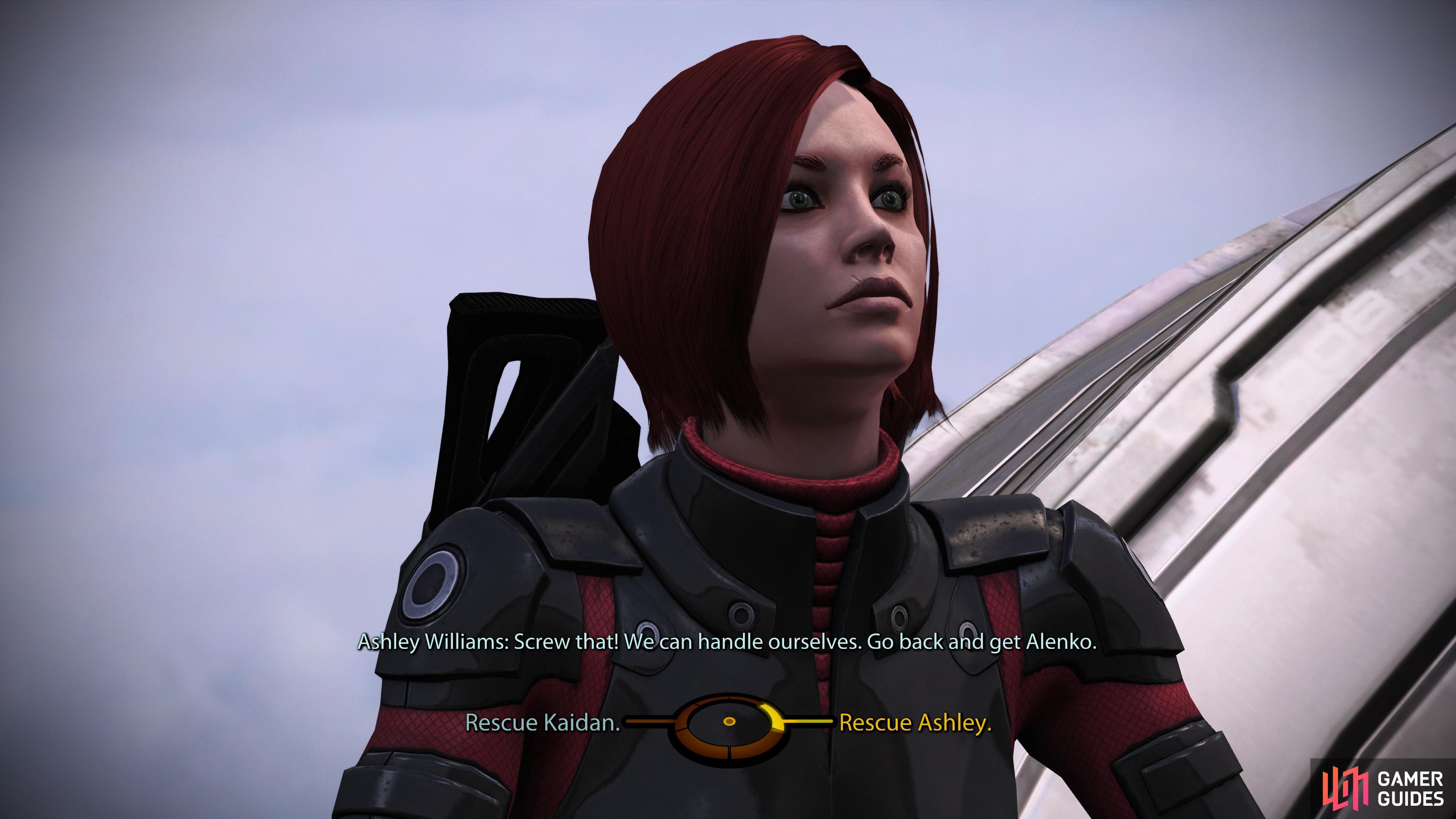 When you approach the AA Tower, you'll get more bad news, forcing you to choose between rescuing Kaiden or Ashley.
