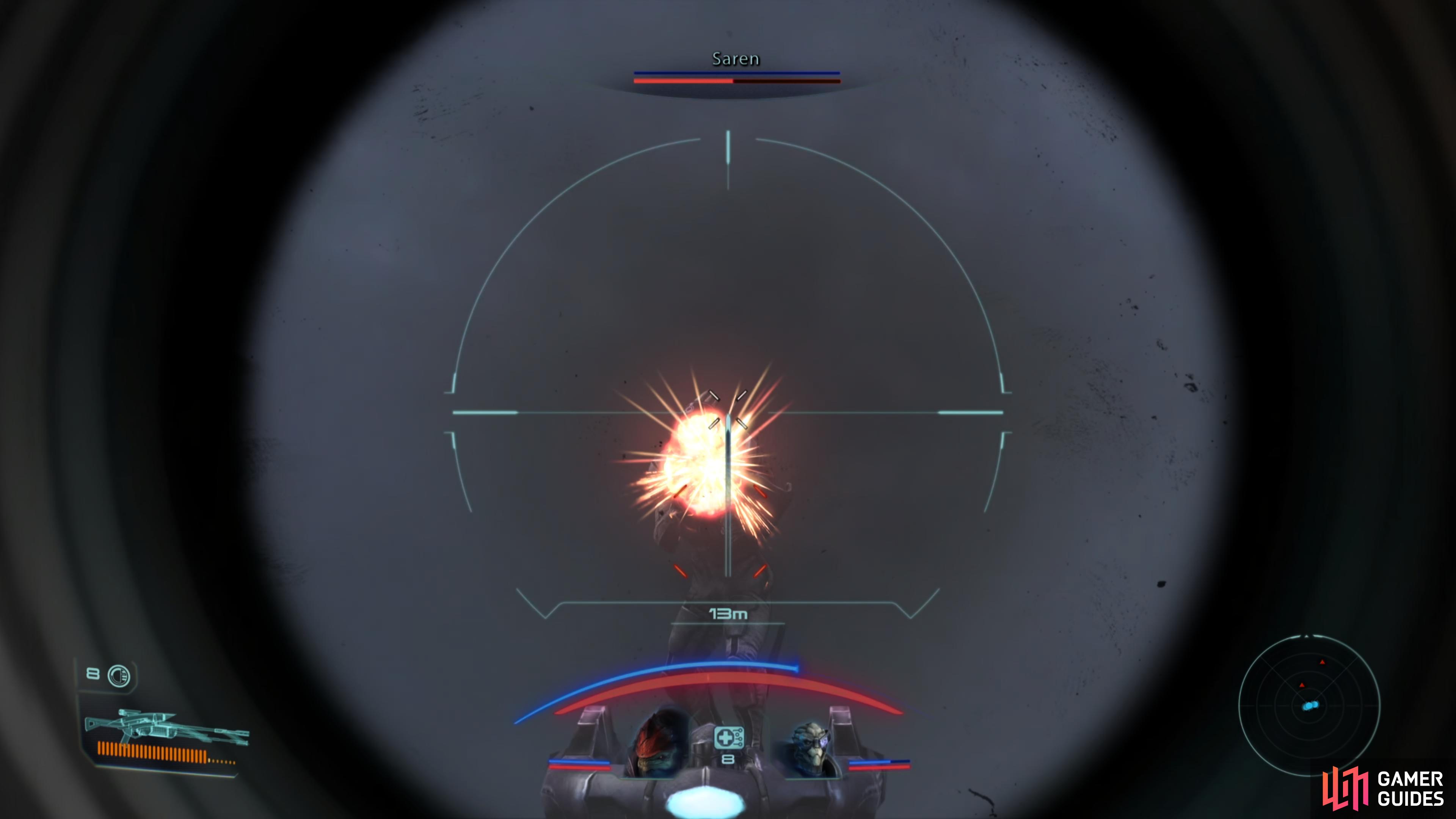 When enough fodder has been removed, focus on depleting Saren's health bar - a few good sniper shots can do the trick.