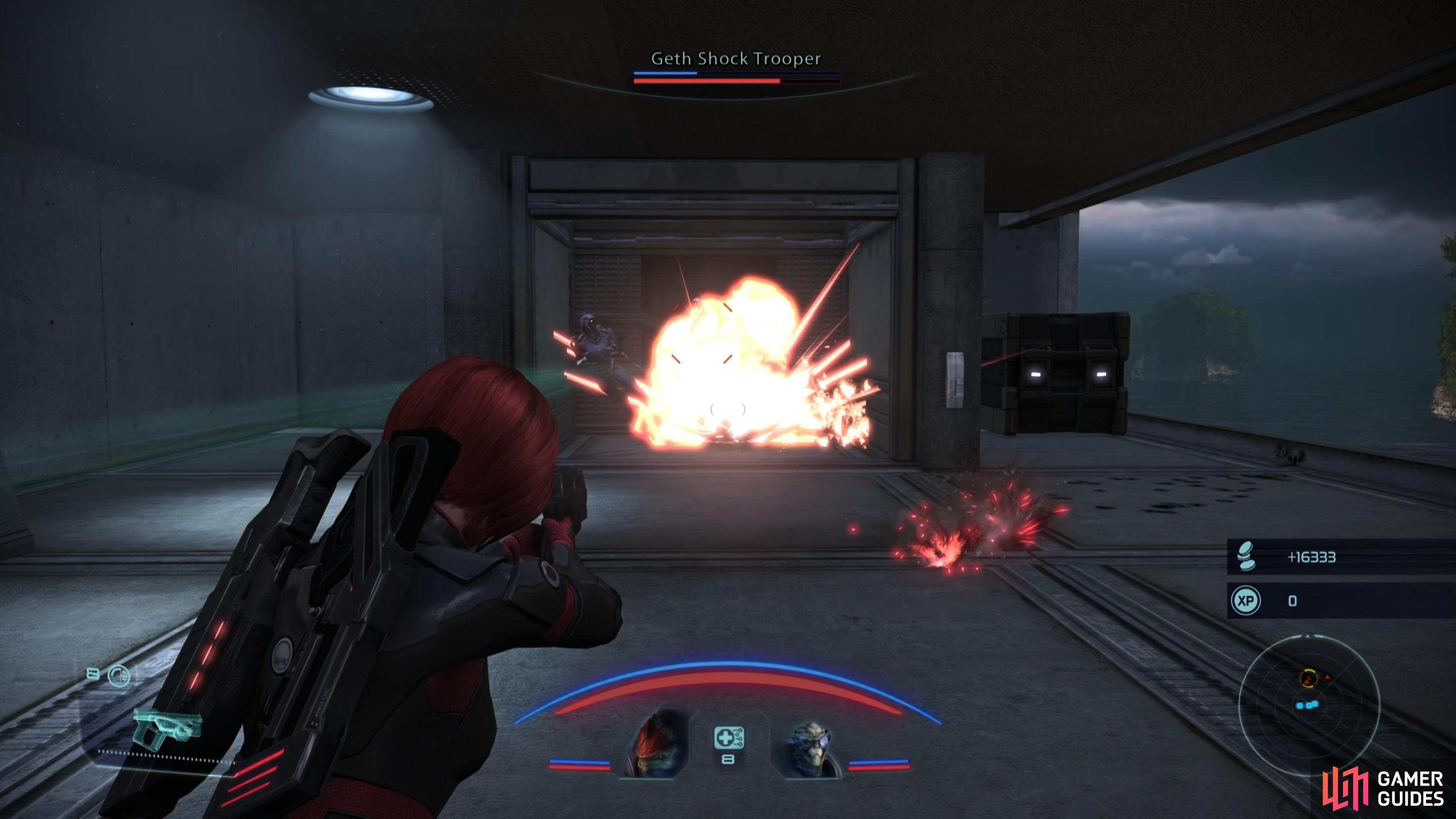 After deactivating the turret, chuck a grenade at some geth arriving via elevator.