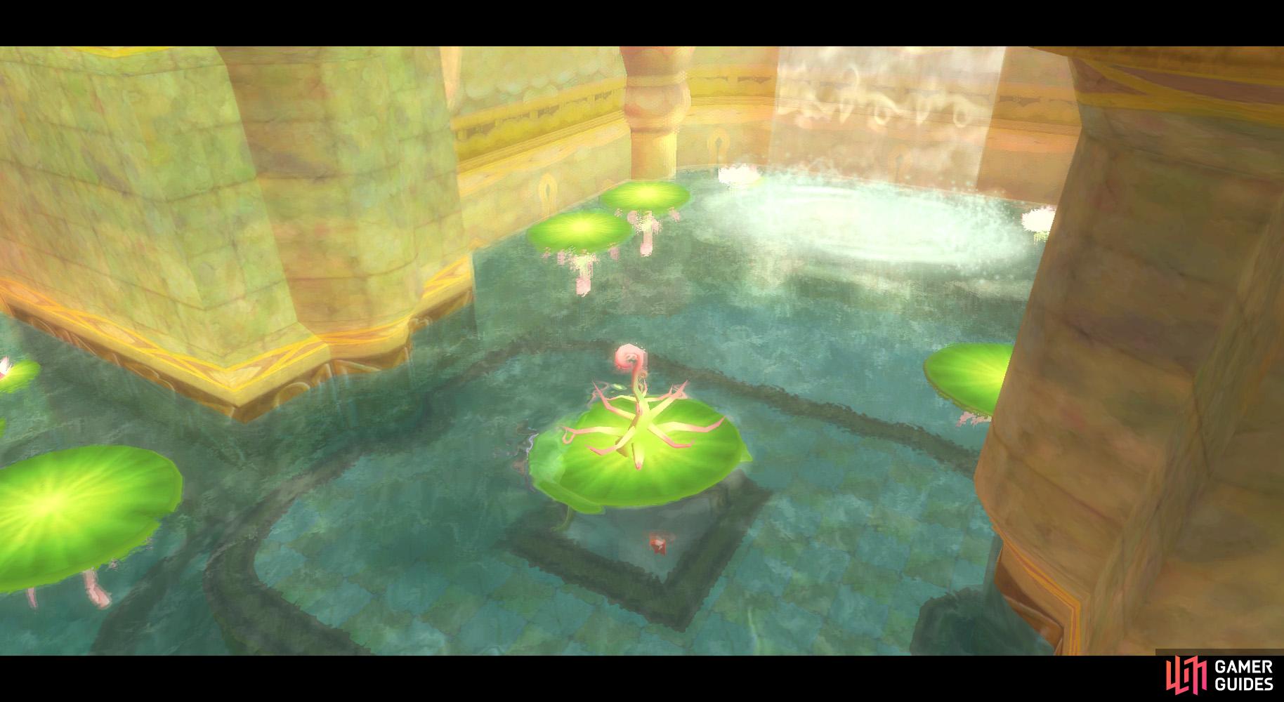 Jump onto this lilypad to flip it over, then swim through the tunnel under it.