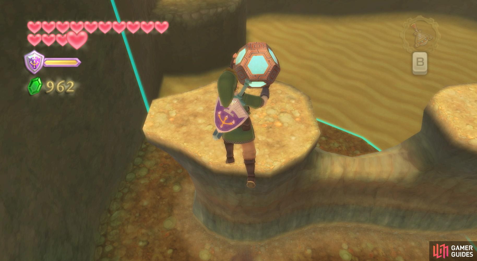 Even while carrying he orb, Link is agile enough to jump across gaps.