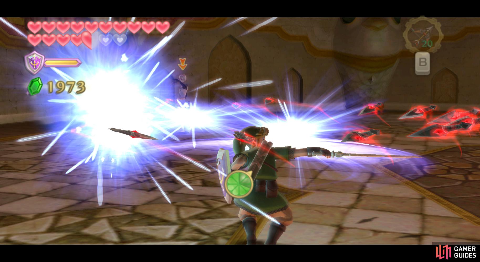 When Link is surrounded by red projectiles, use a horizontal or vertical sword spin.
