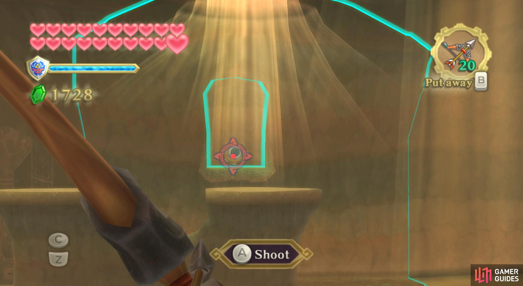 Climb back up the hill and then shoot an arrow at this switch above the Orb.