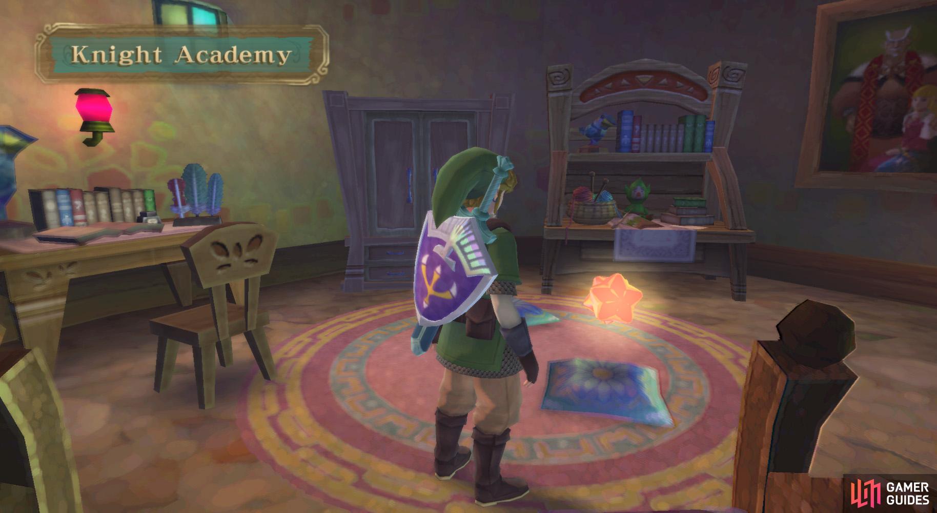 12: Inside Zelda's room in the Knight Academy. Use the Clawshots to climb into the chimney on the roof.