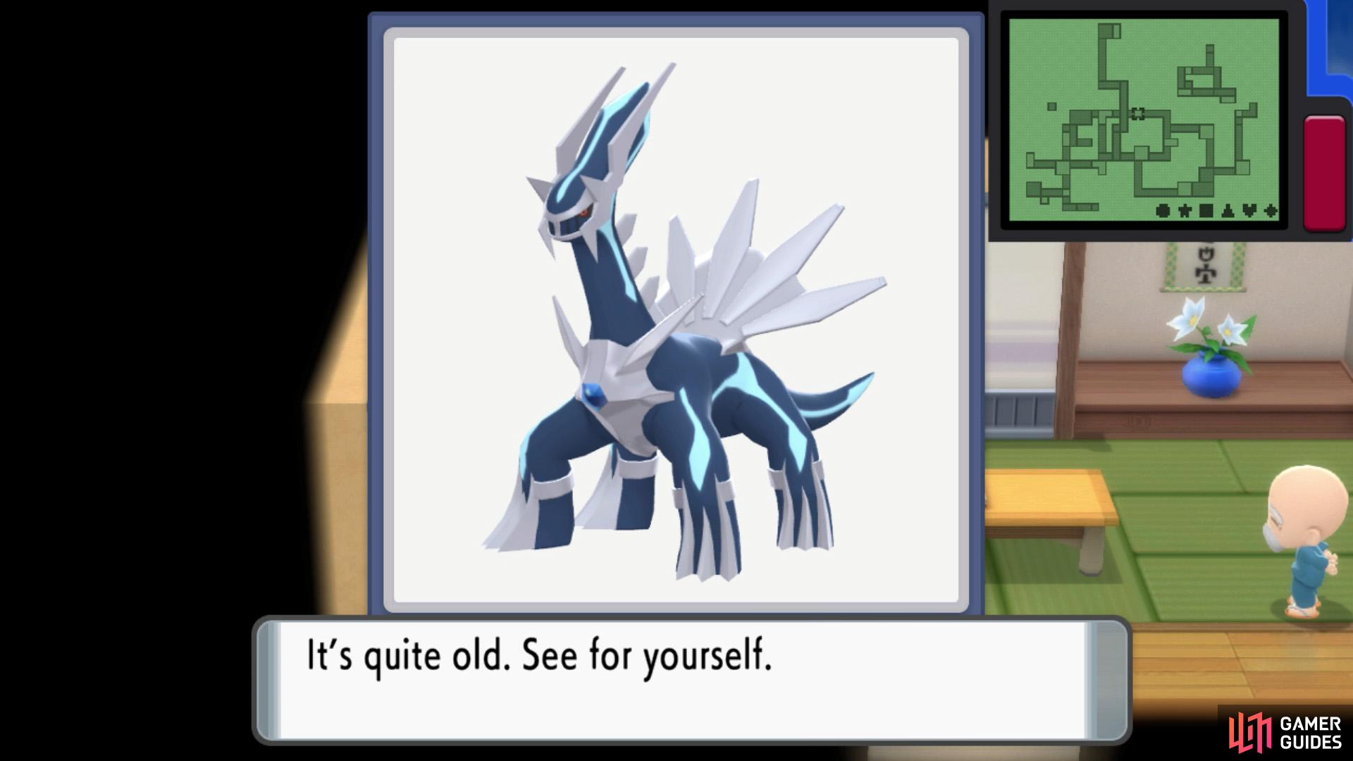 The old lady will show you Palkia or Dialga's data.