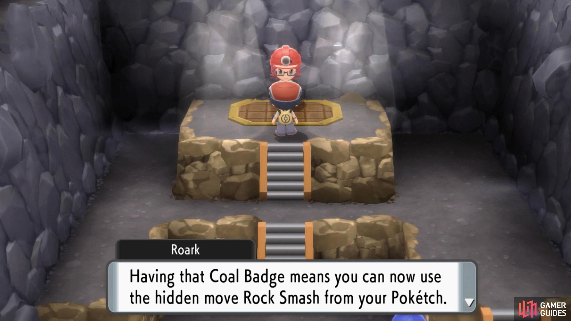 His Coal Badge will enable Rock Smash on your Pokétch.