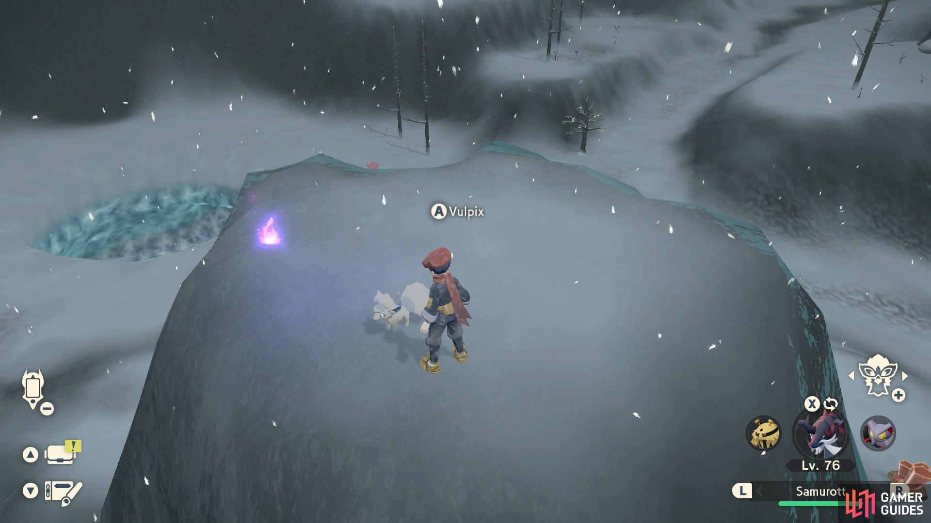 Vulpix 1: Atop a rocky mound towards the north. There's a Wisp next to it.