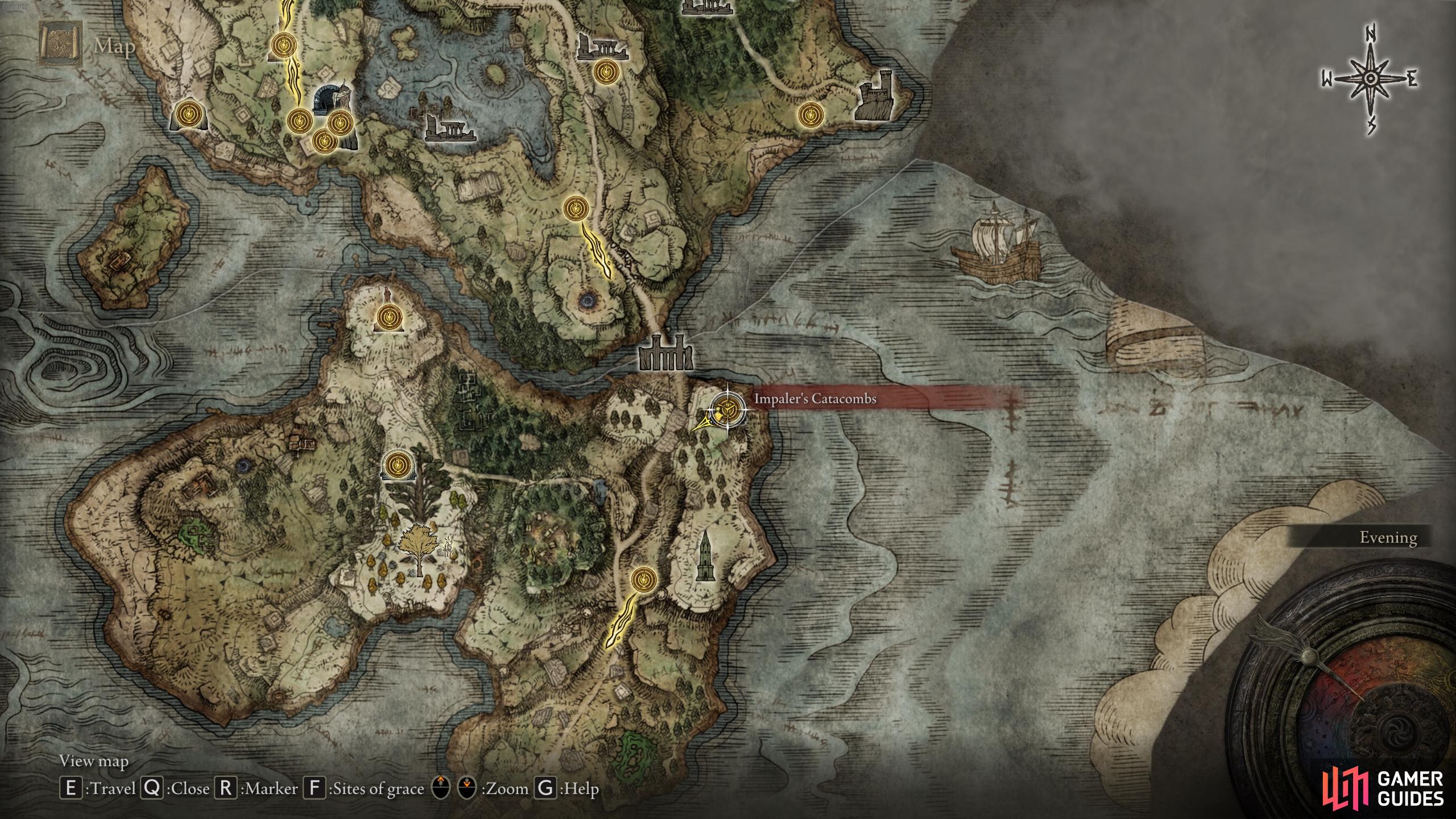 The location of the Impaler's Catacombs in the northeast of Weeping Peninsula.