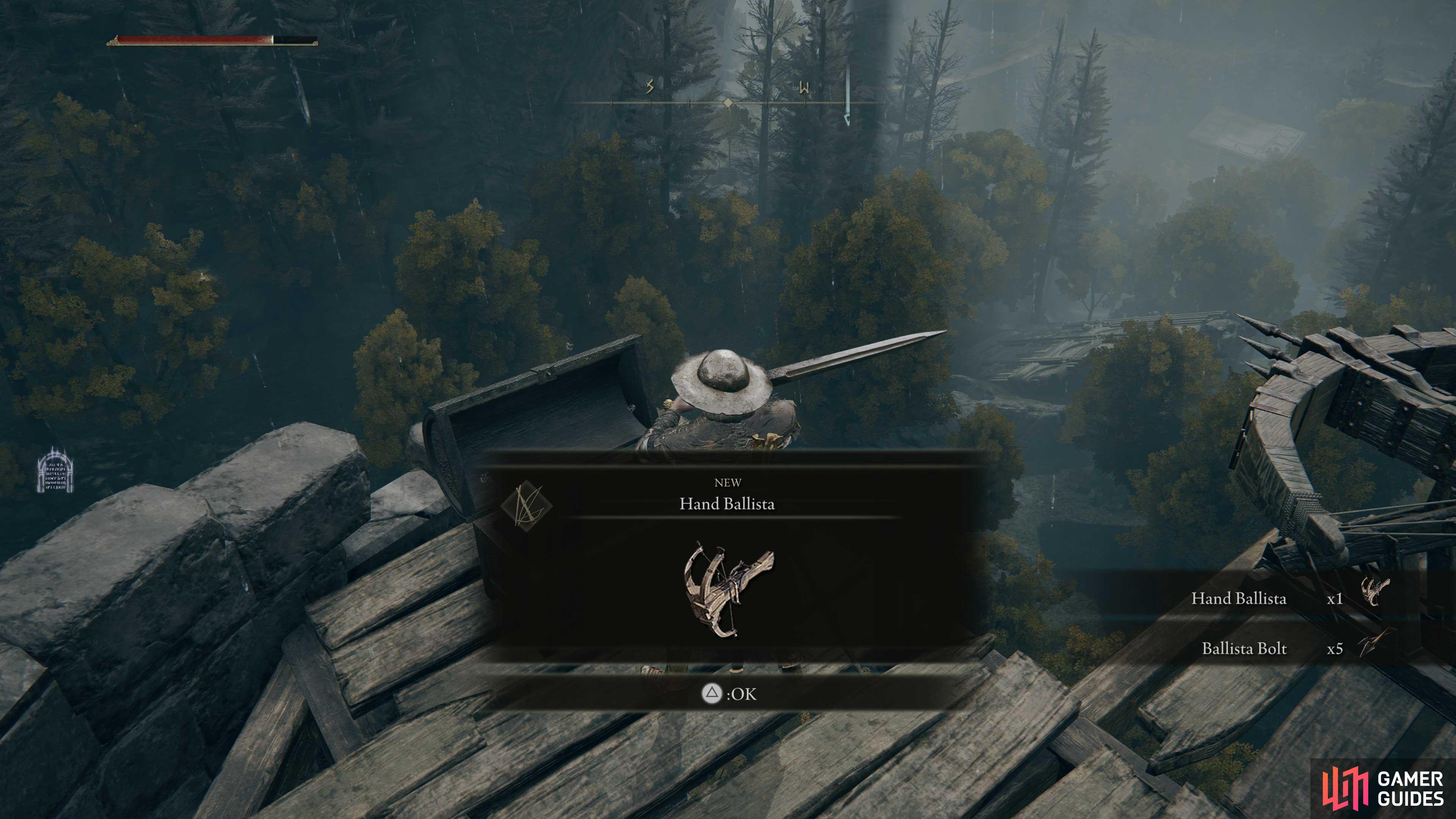Ascend to the top of the Forest Lookout Tower to obtain the Hand Ballista.