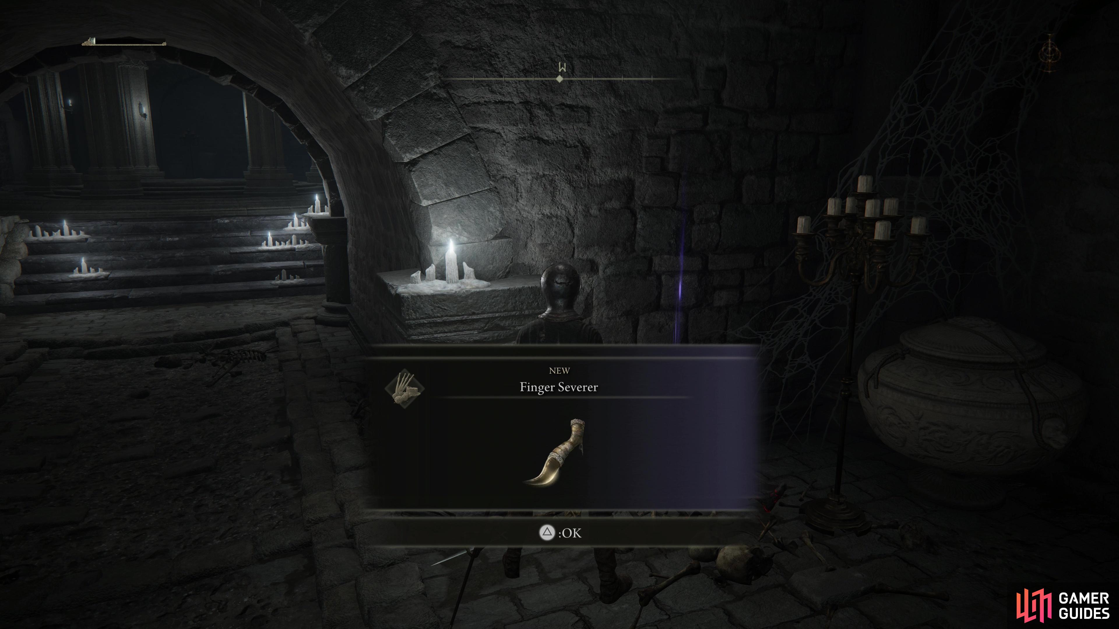 Leave the tutorial area and grab the Tarnished's Furled Finger and the Finger Serverer items.