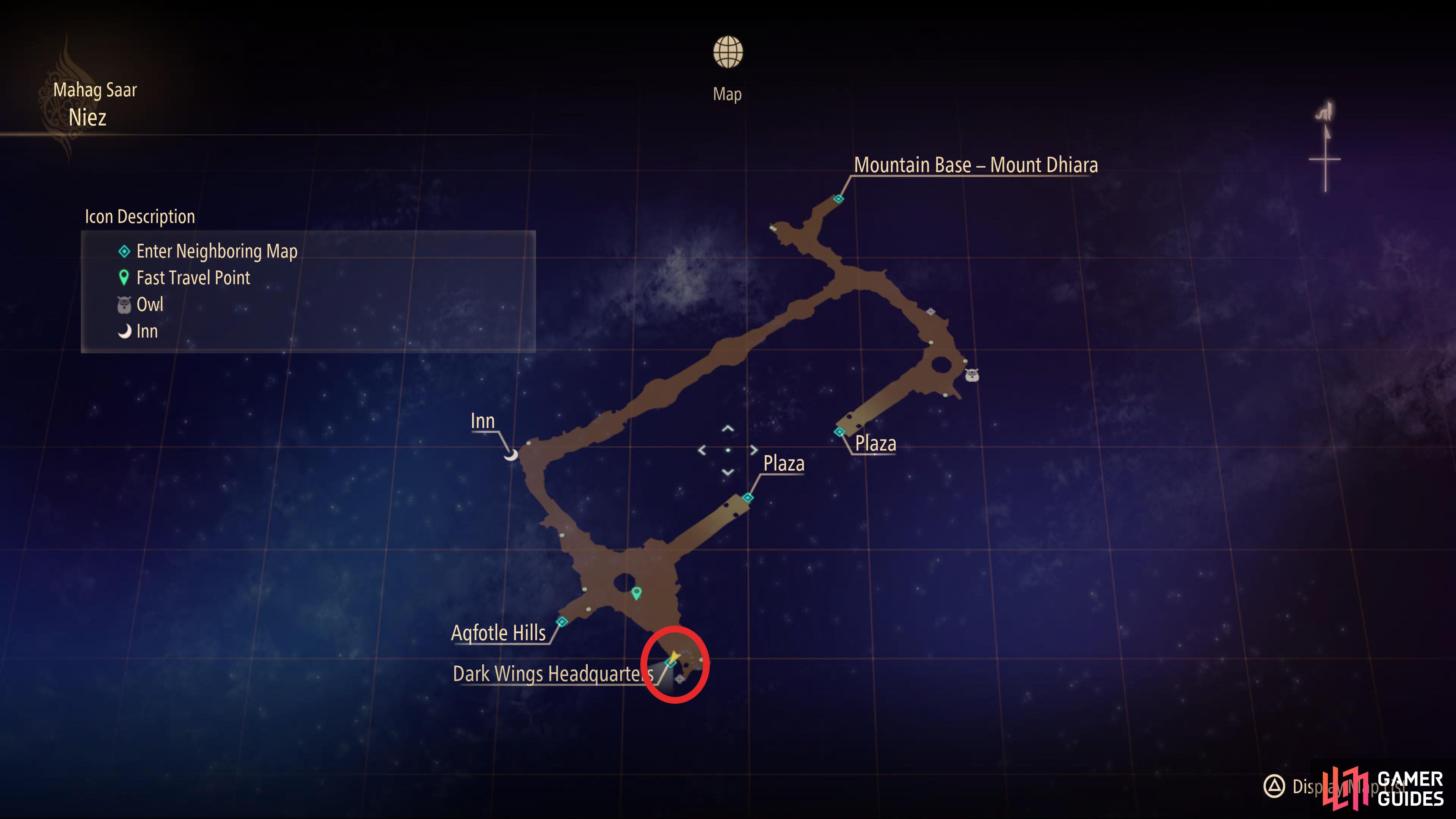 head over to Niez, and the Dark Wings Headquarters can be found in the bottom left corner of the map