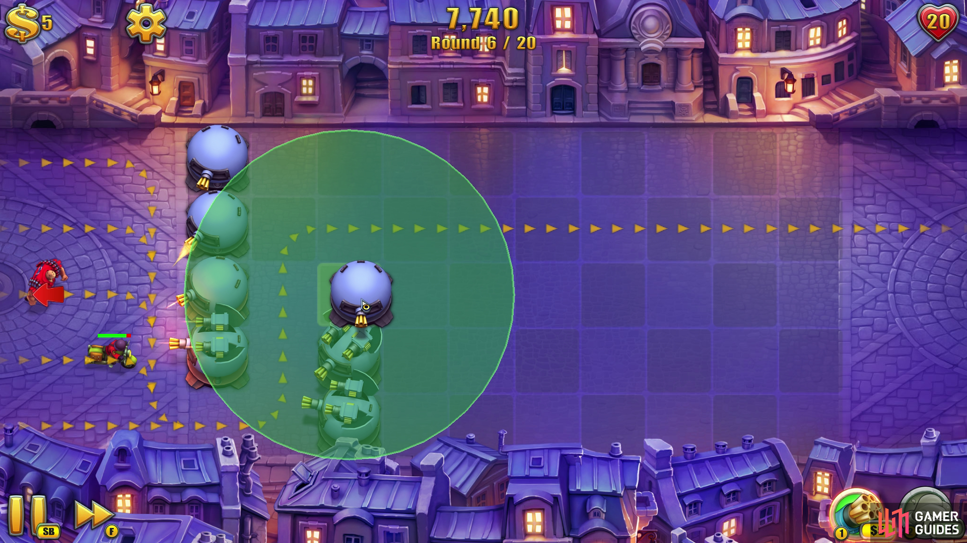 Once youre prompted to use the Glue Tower… dont. Instead you should use the free coins to drop another two Gatling Towers so youre creating a U-bend that goes towards the top of the map.