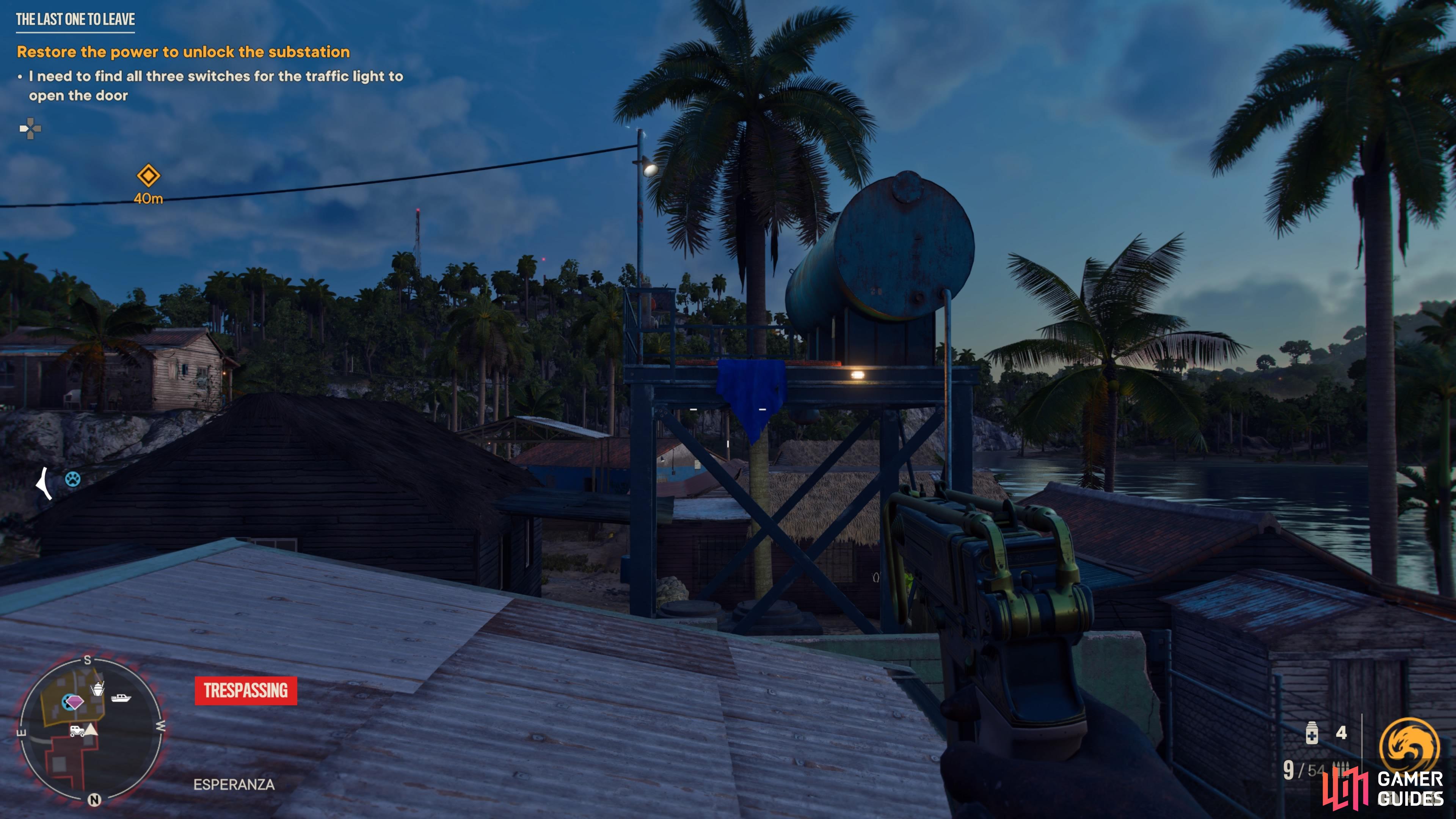 Get a run up and jump onto the water tower to find the third switch. 