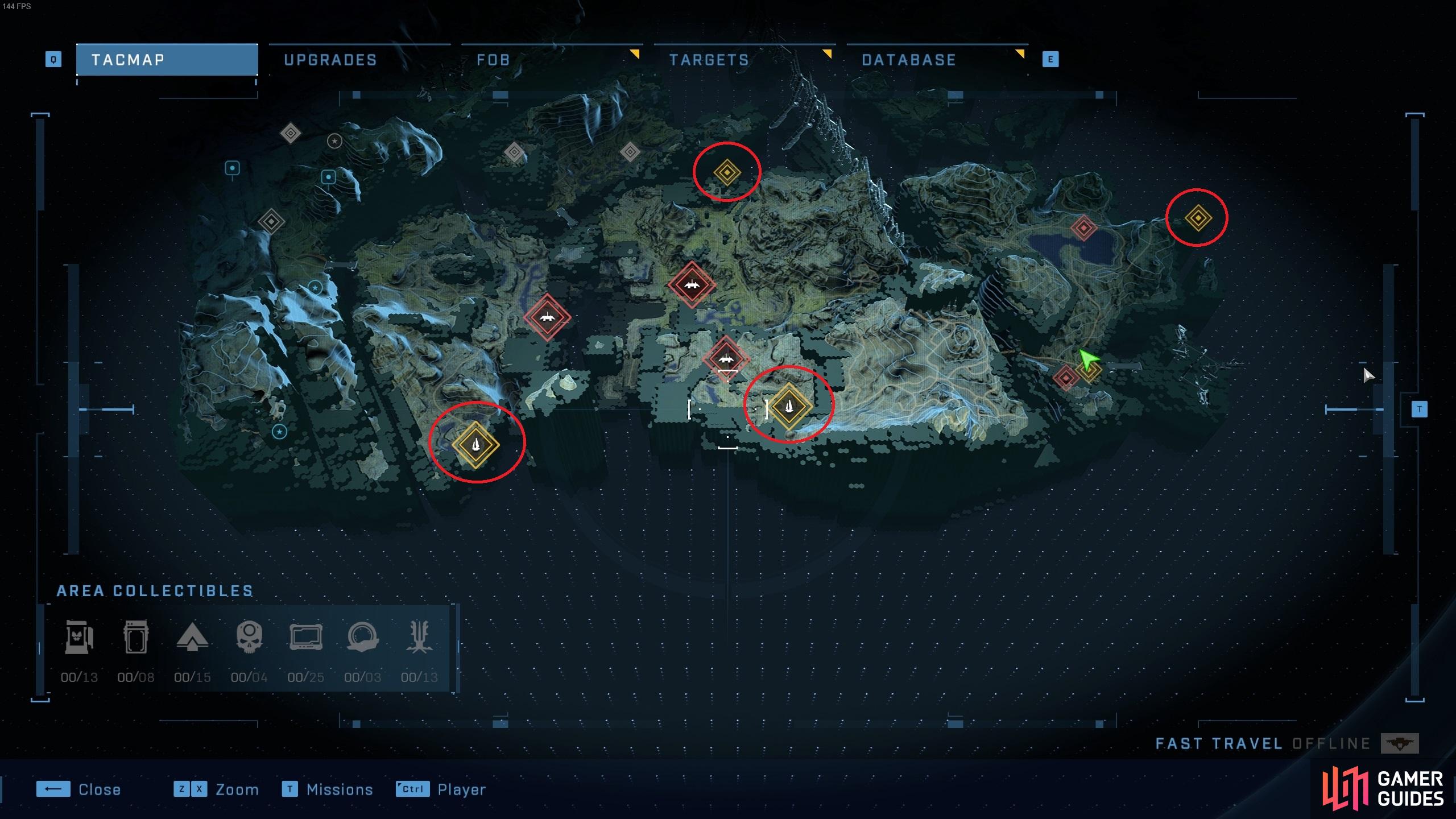 The location of all four beacons in the area, circled in red here.