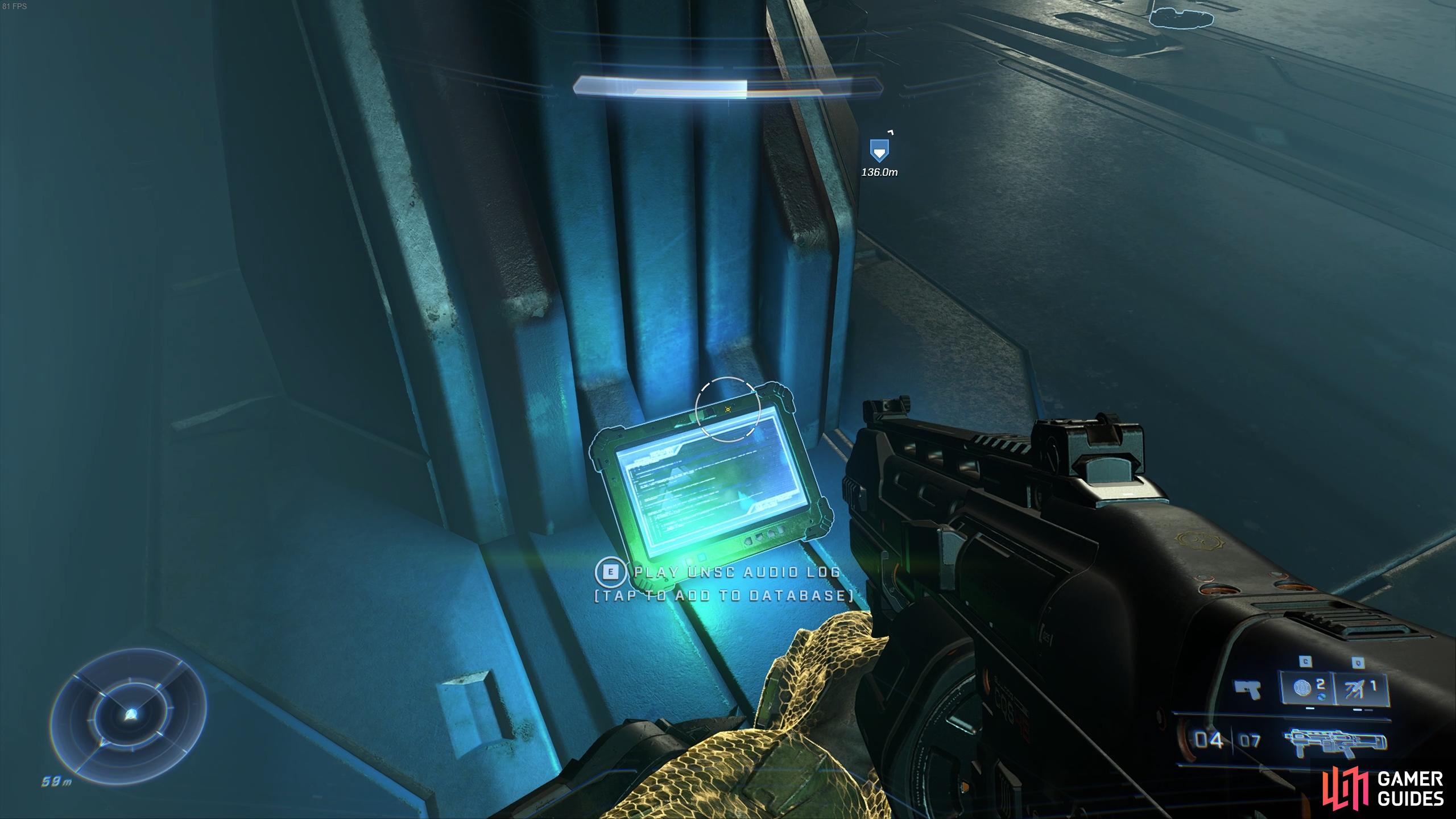 You'll find the UNSC log inside the tower just after obtaining the Threat Sensor.