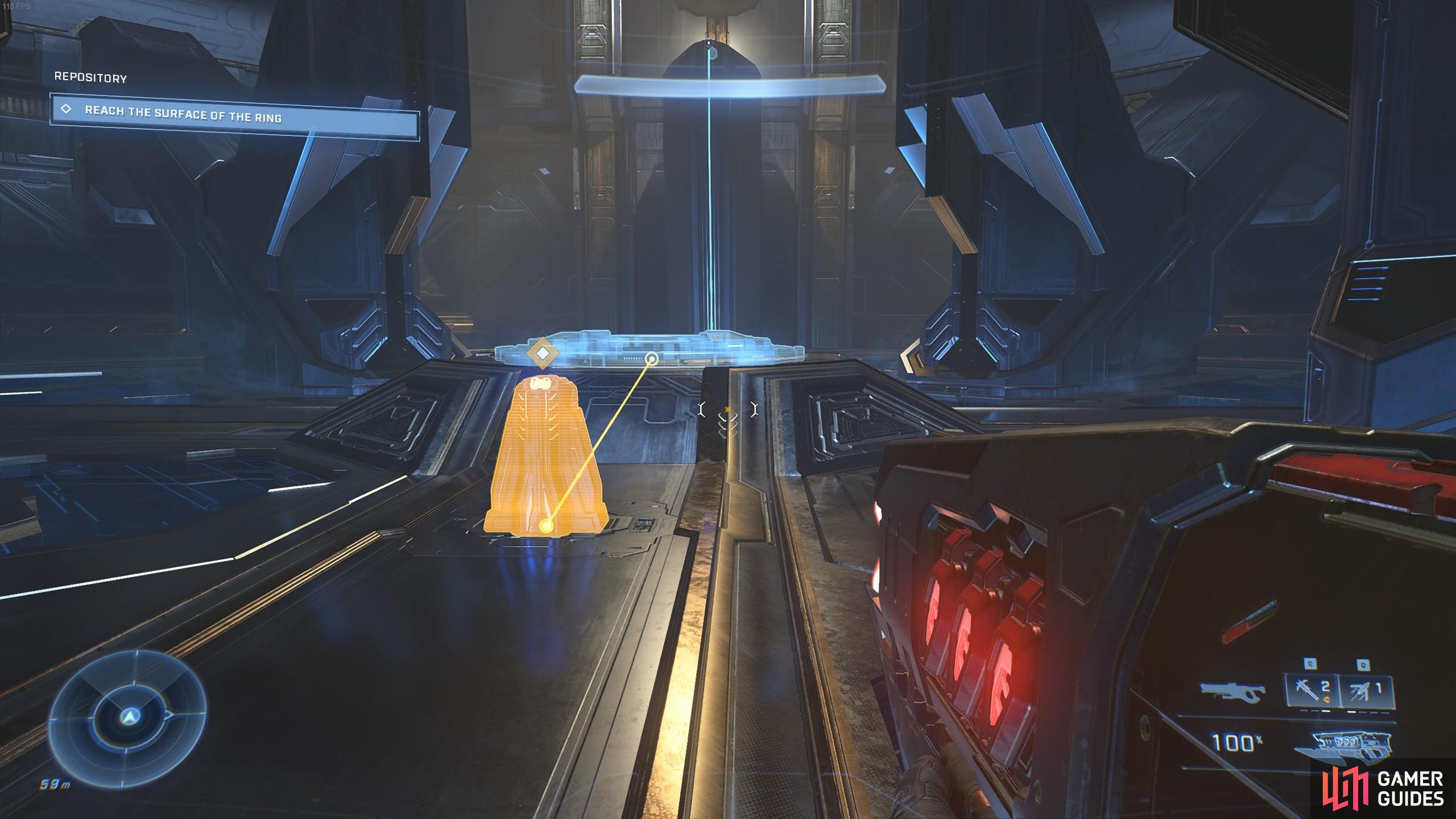 Interact with the terminal near the inactive gravity lift to trigger a cutscene.