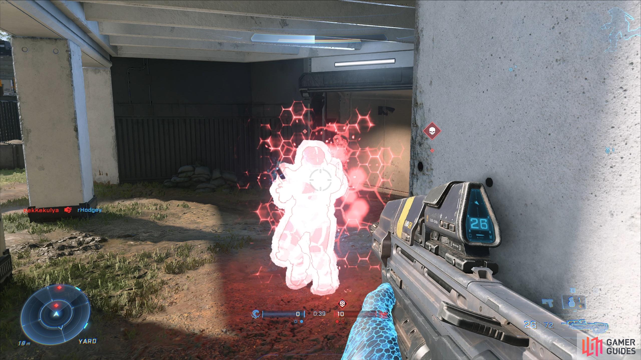An enemy will glow bright pink for a brief moment when their shield is popped.