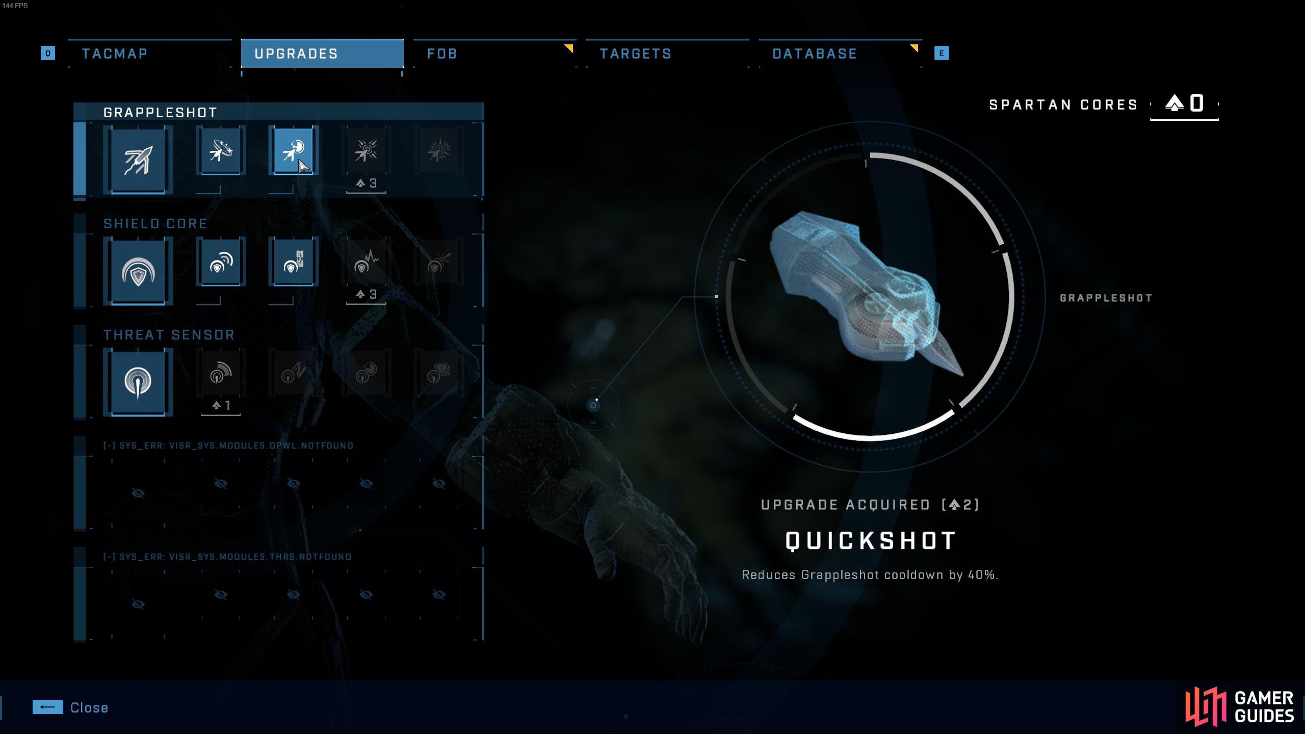Upgrade the Grappleshot to Quickshot with Spartan Cores as soon as possible.