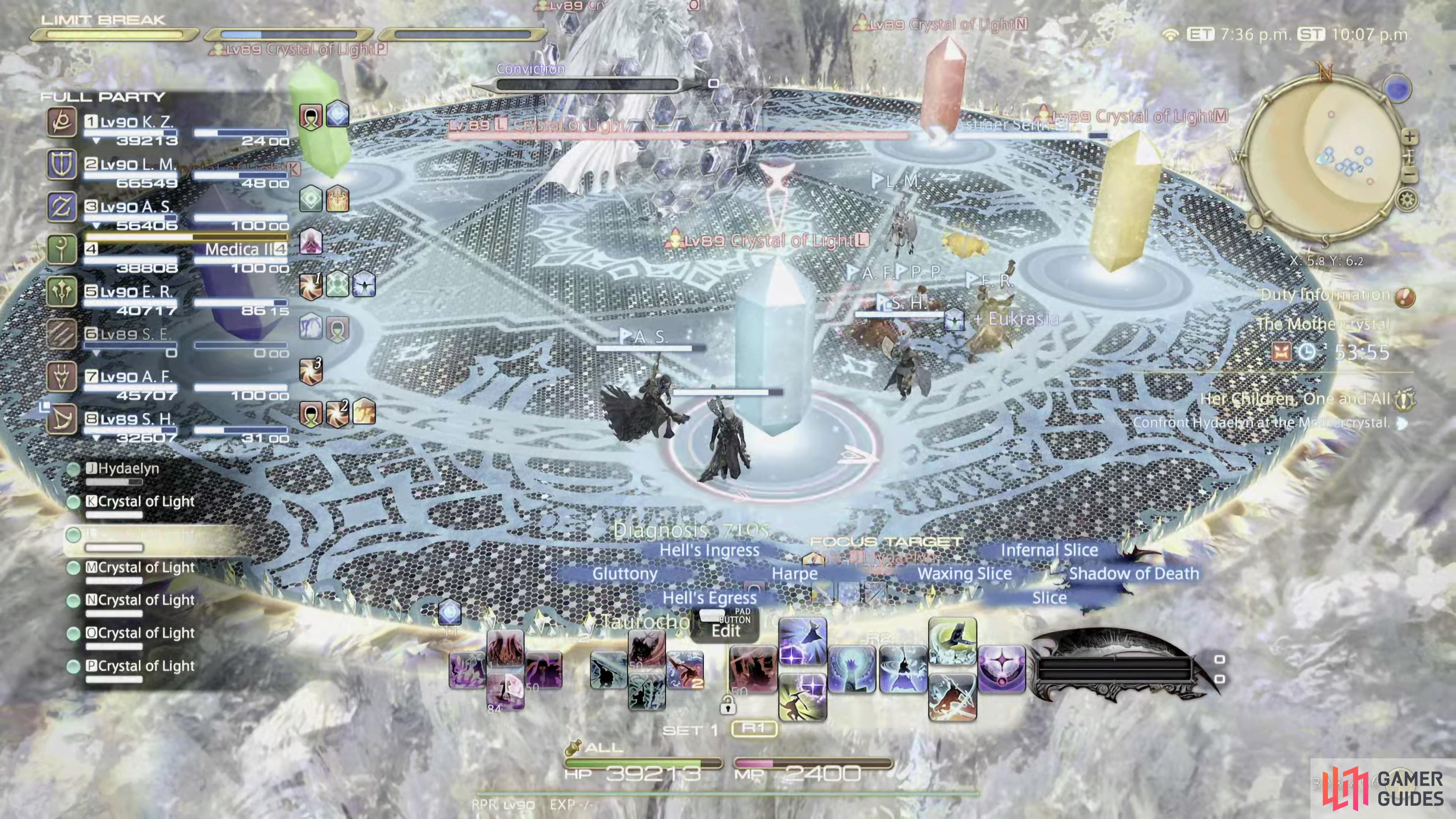 Phase 2 begins when Hydaelyn summons six crystals in the arena. All of the crystals need to be destroyed before her Conviction gauge reaches 100.
