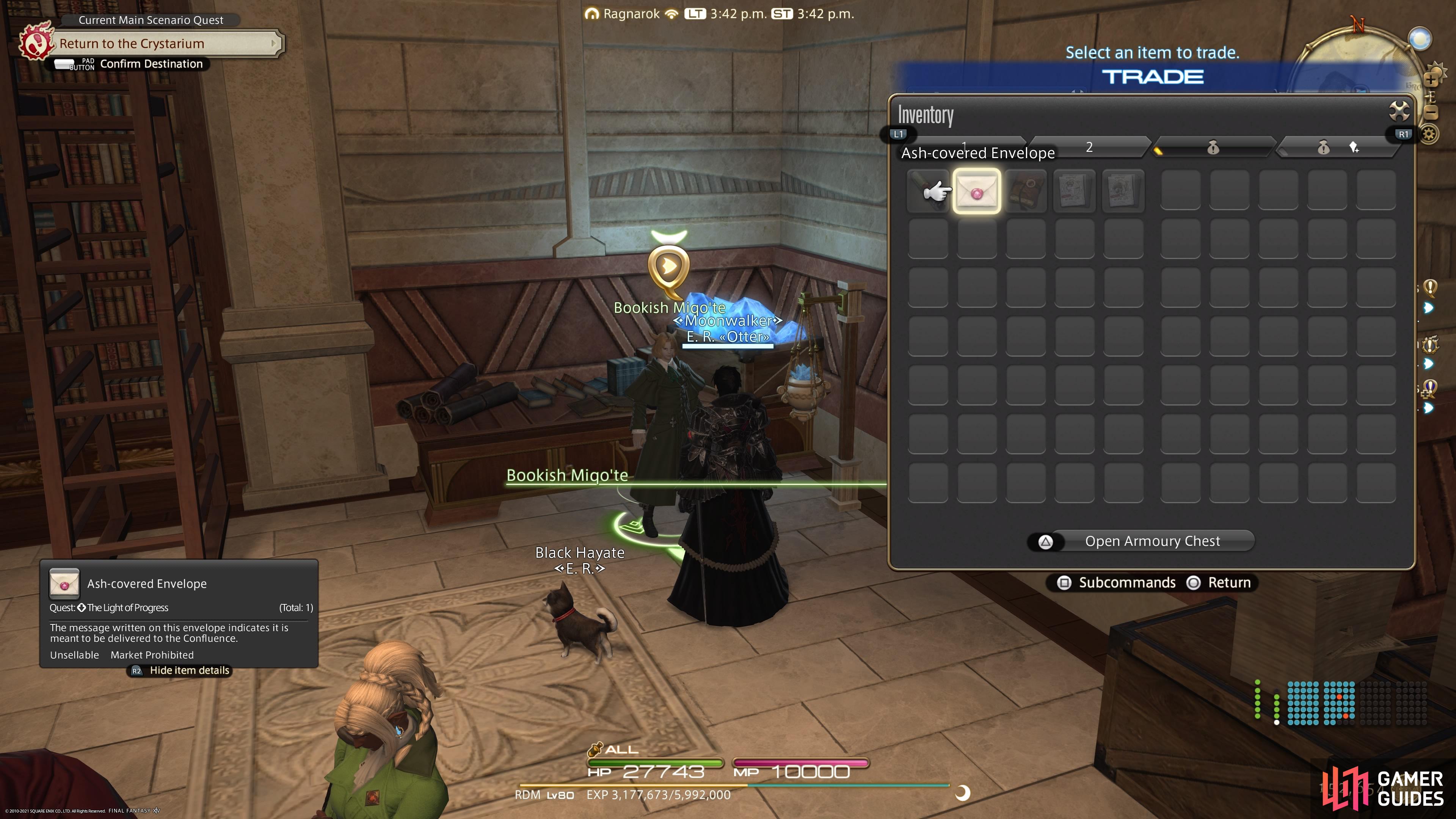 Give the envelope to the Bookish Miqo'te in The Confluence. 