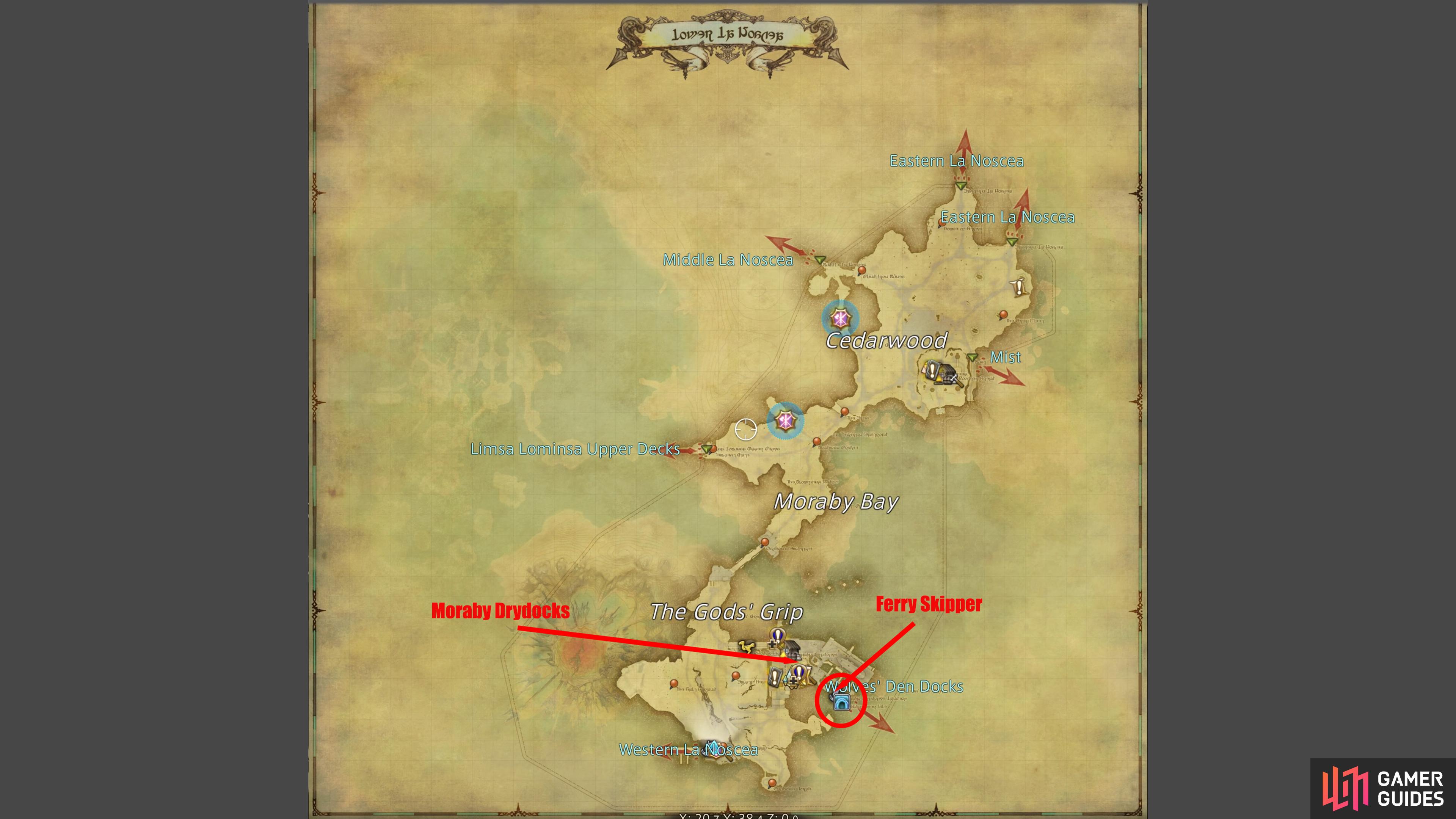 You can find Moraby Drydocks and the Ferry Skipper to Wolves' Den in the south of Lower La Noscea.