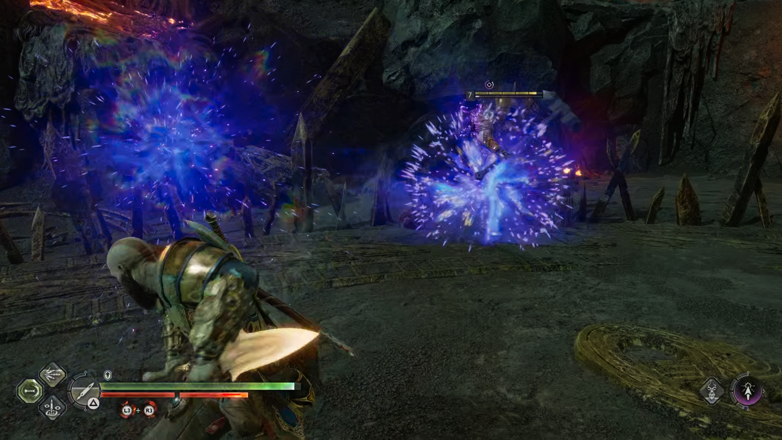Look out for these blue / purple lights when the boss teleports.