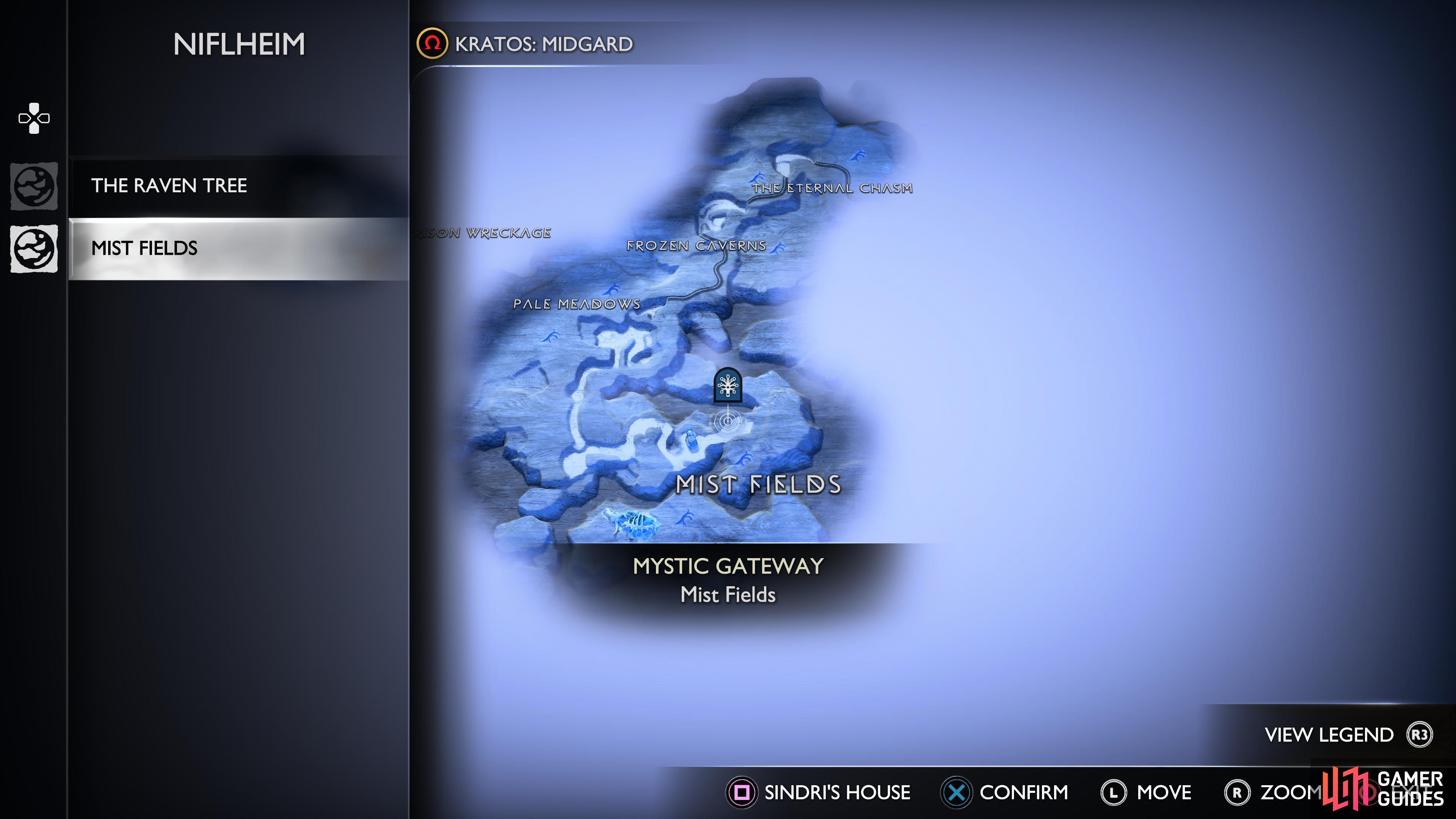 The location of the Frostfinger Flower in the southeast part of the Mist Fields of NIflheim.