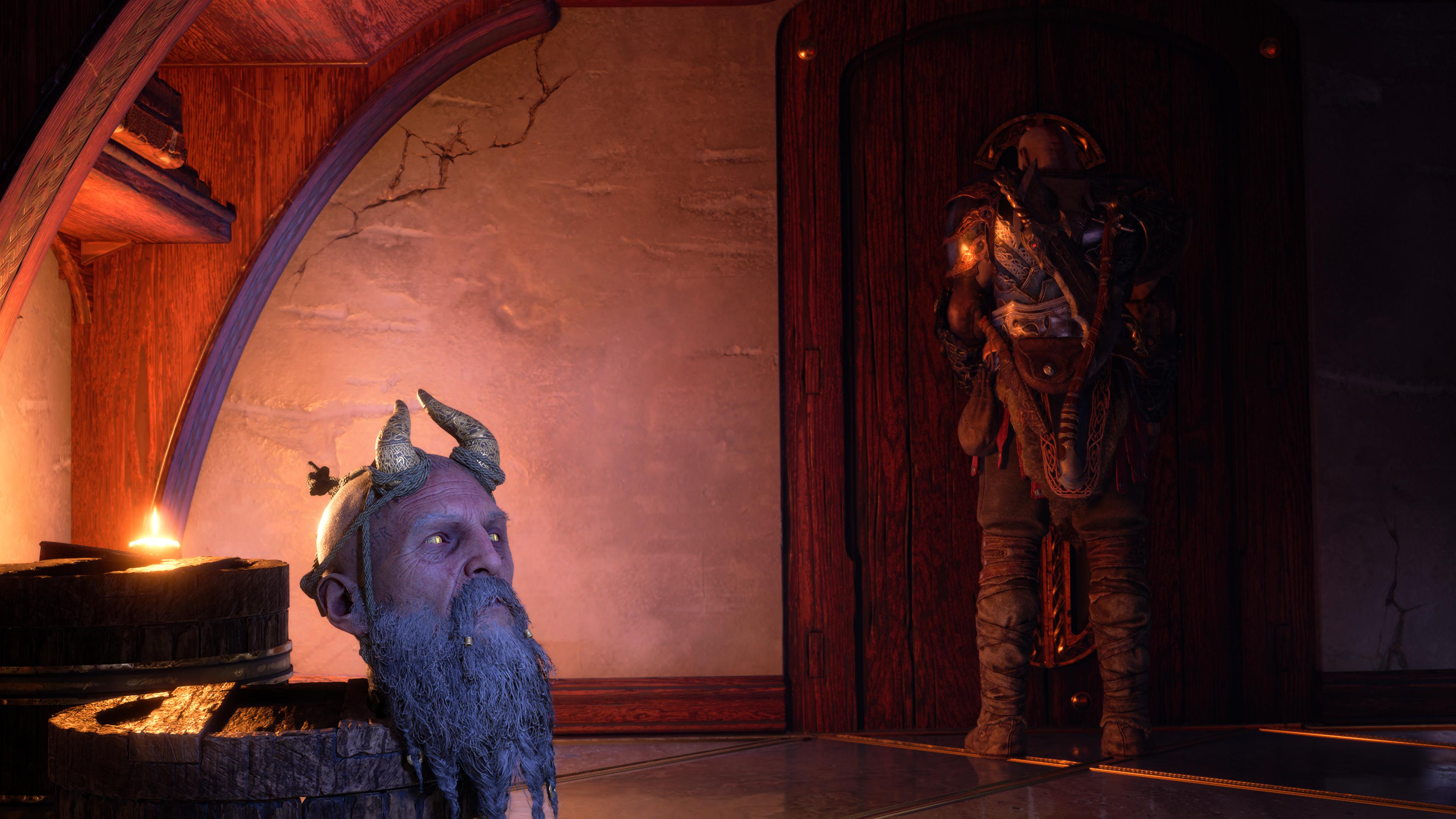 Mimir and Kratos, God of War Ragnarok.