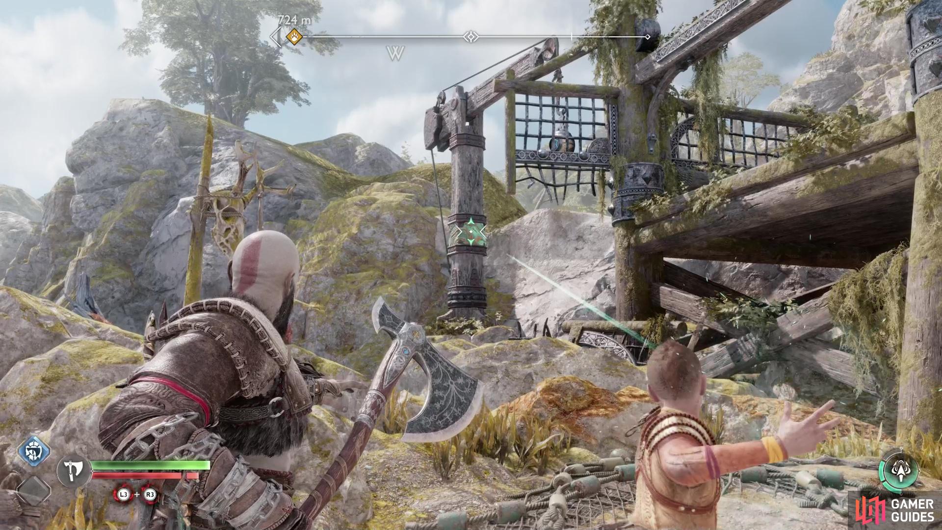 Have Atreus shoot a crane with sonic arrows, warping the device and revealing a rune gong.