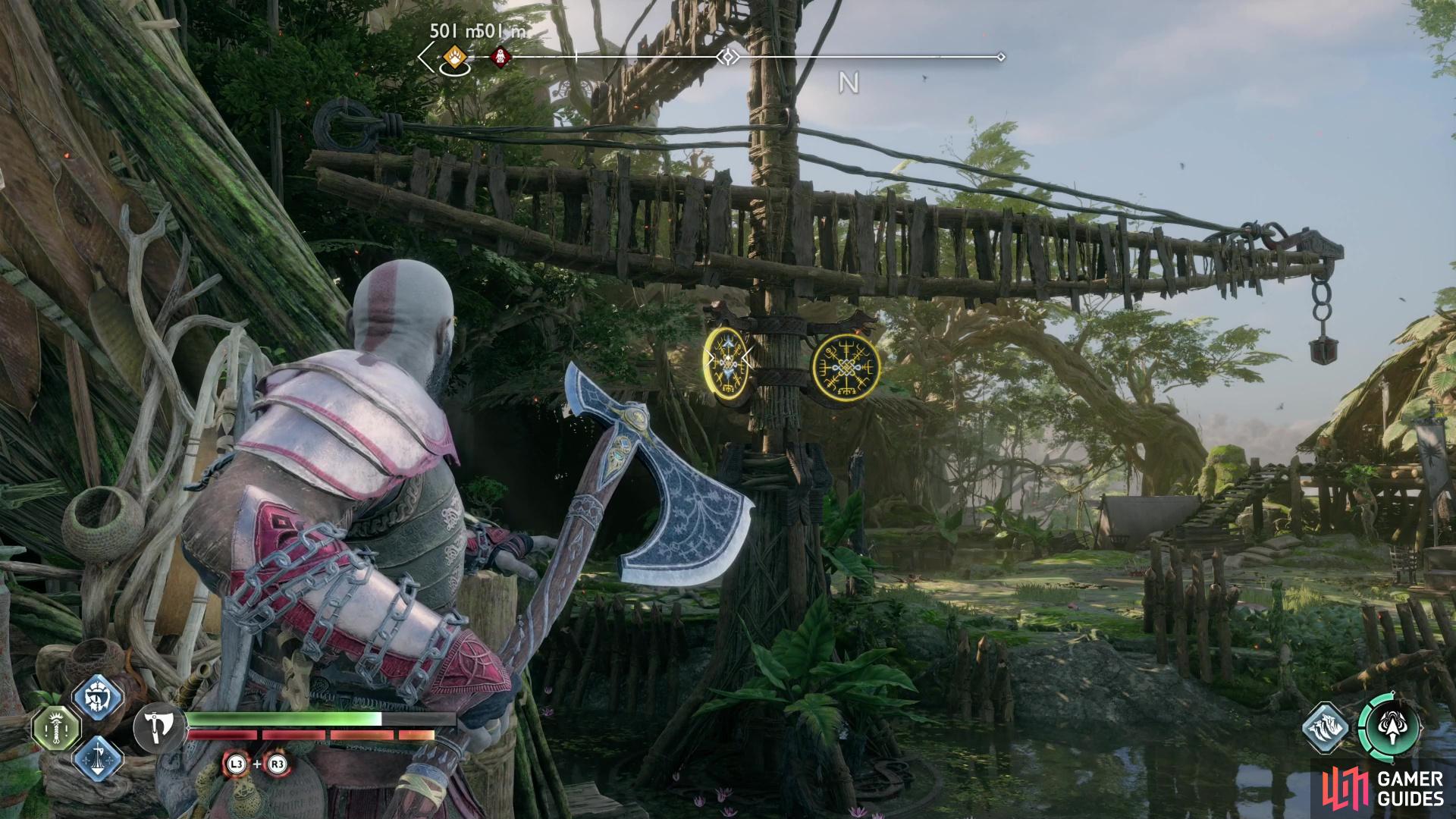 You may have to manipulate a crane to return to the Abandoned Village proper.
