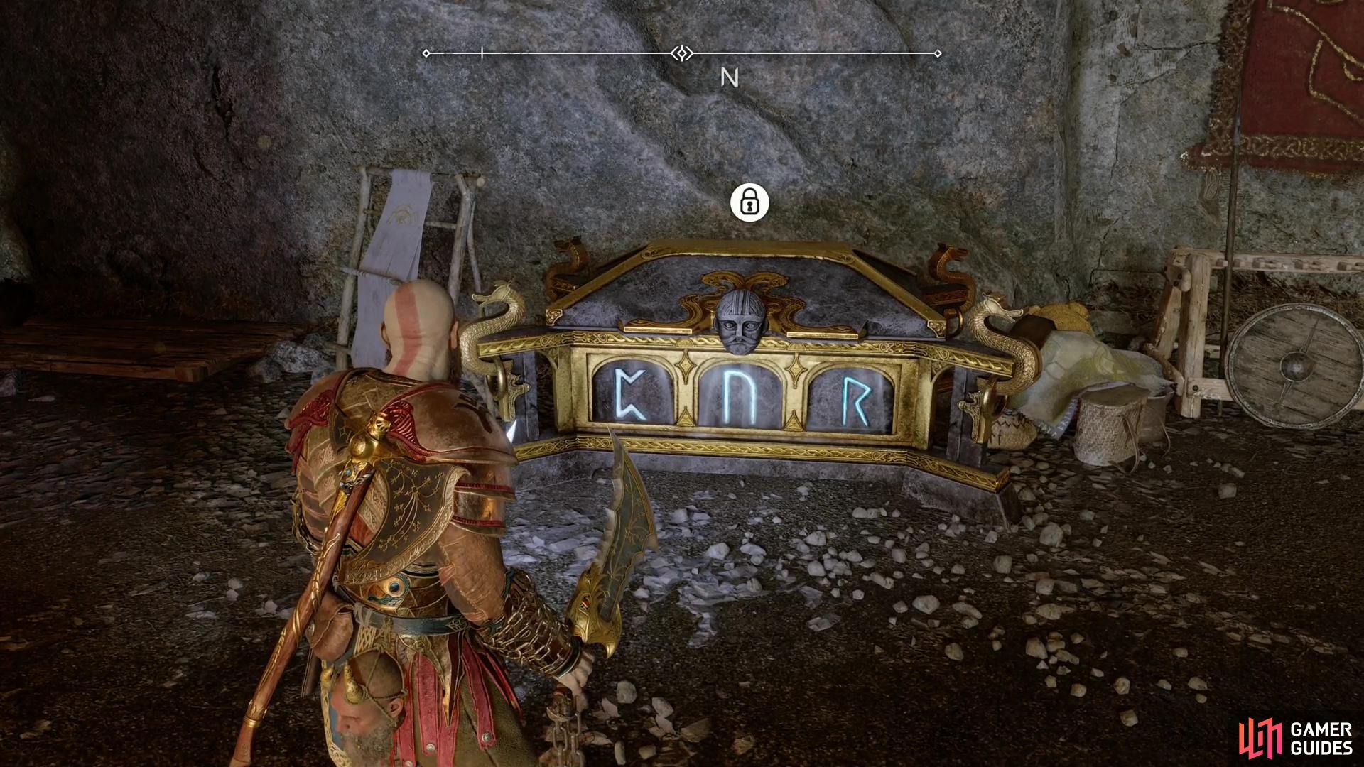 Find a Nornir Chest on a ledge in the Raider Hideout. You'll need to light three rune braziers to open it.