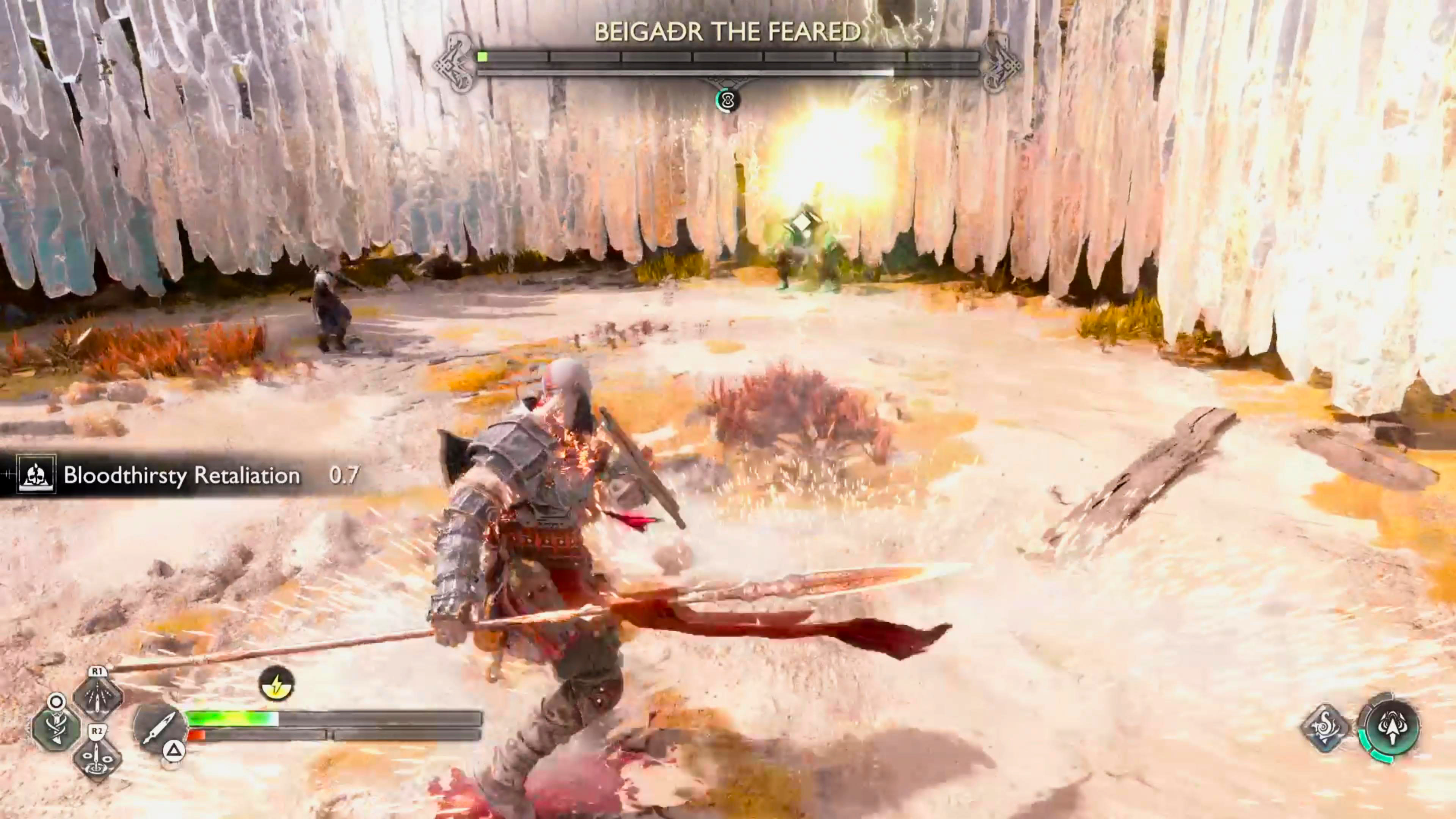 Beigadr will spin to the side at range, and hurl two Thunder Orbs at your location.