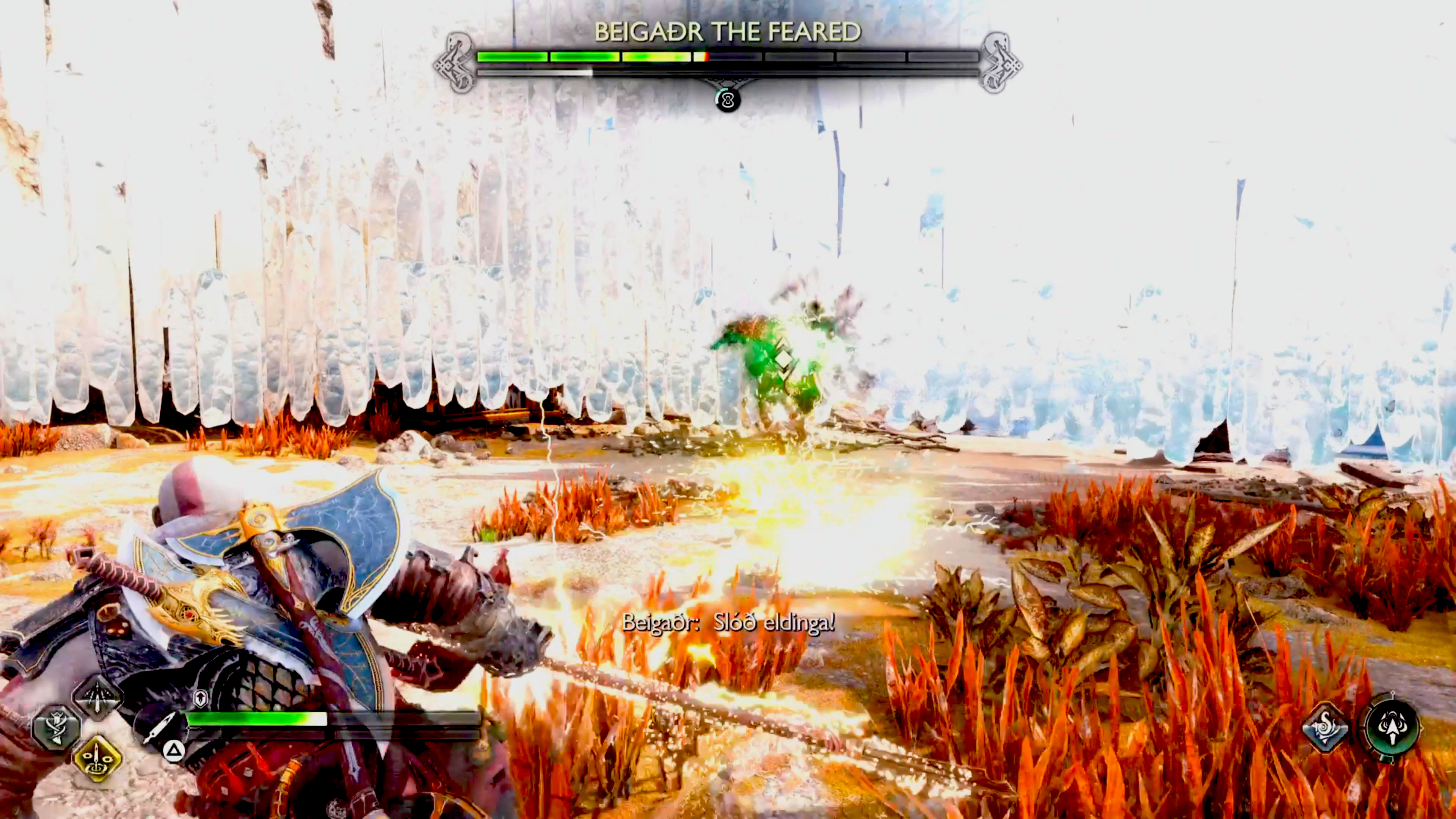 From range, Beigadr will unleash a wave of Thunder that travels along the floor. This sort of tracks you, so dodge last second to avoid it.