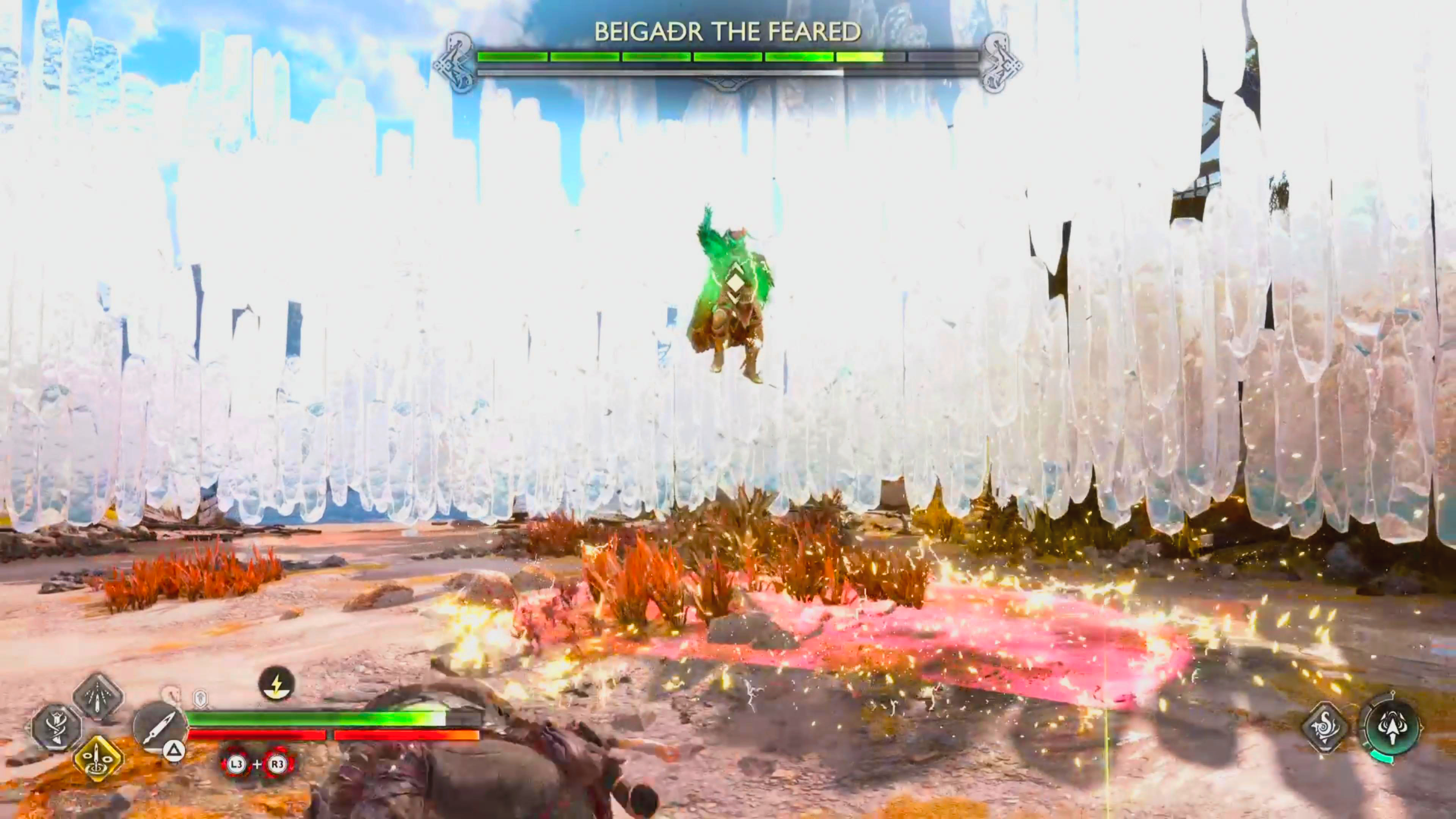 Beigadr will jump into the air, raising one had while a red-ring appears around him. This will place red circles that follow you around, placing a thunderbolt in their location.