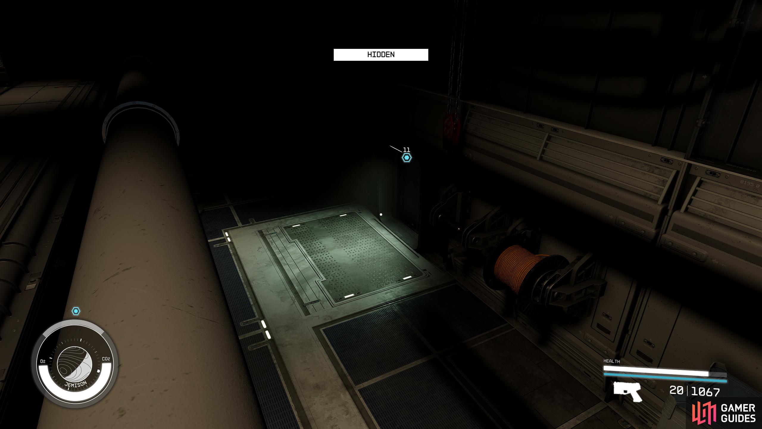 Follow the pipes into and beyond the room where the three guards are then exit via the elevator at the end.