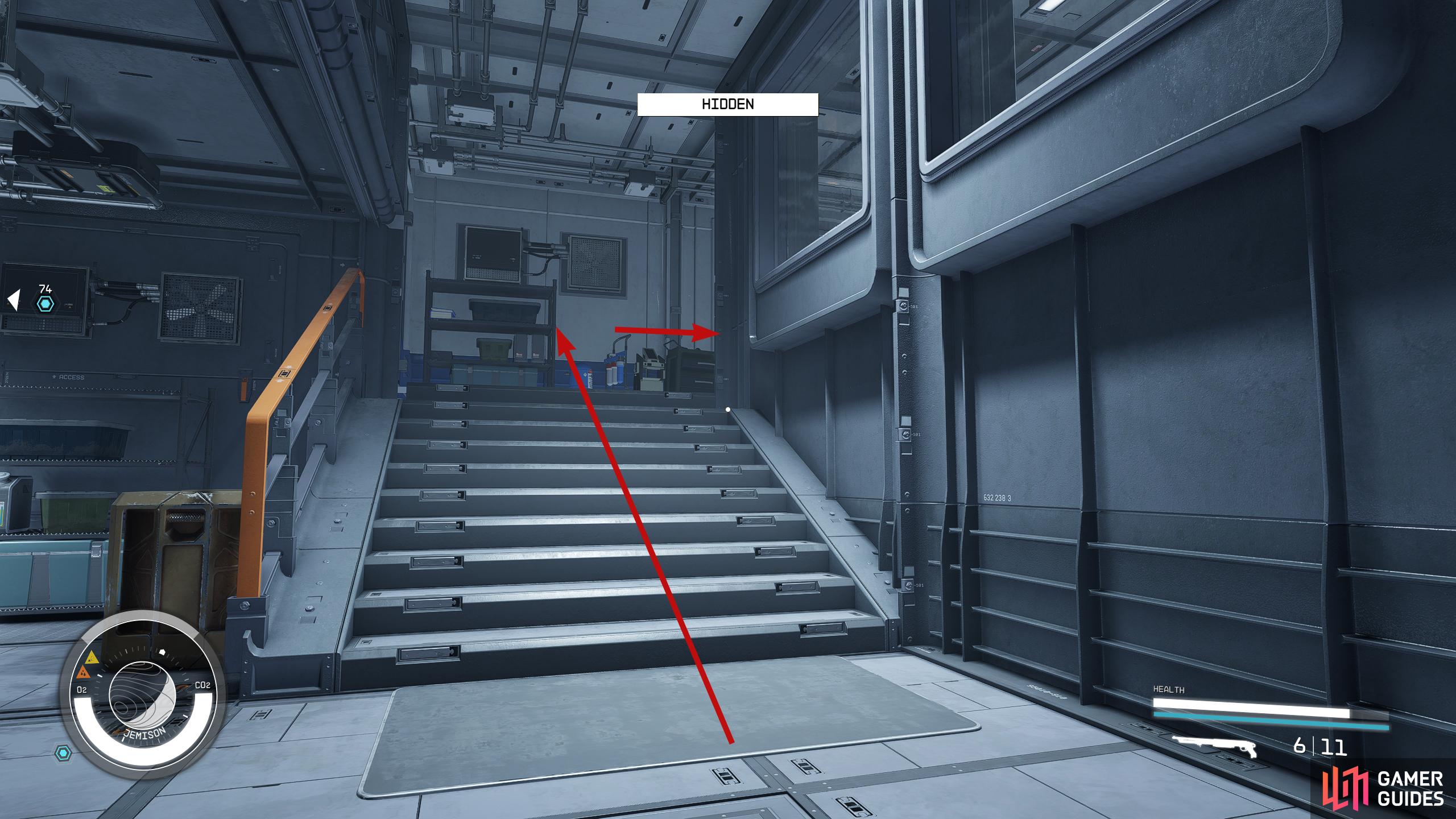 Exit the shower room and turn right up the stairs to Faye’s room.