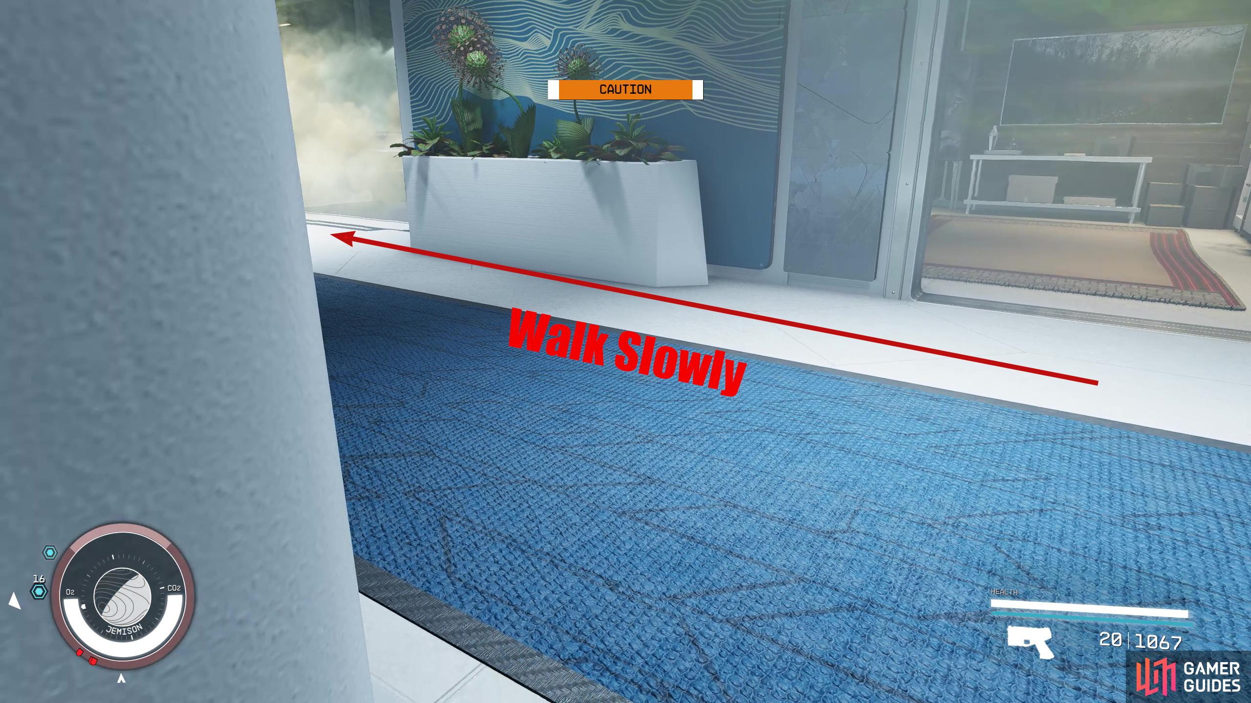 Walk as carefully and slowly as you can until you get past the elevator.