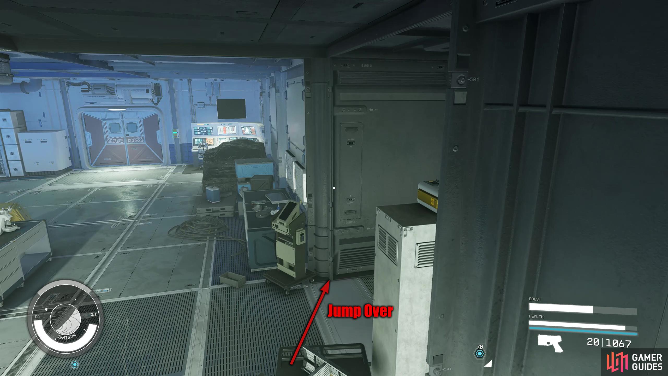 Jump back the way you came towards the security console.
