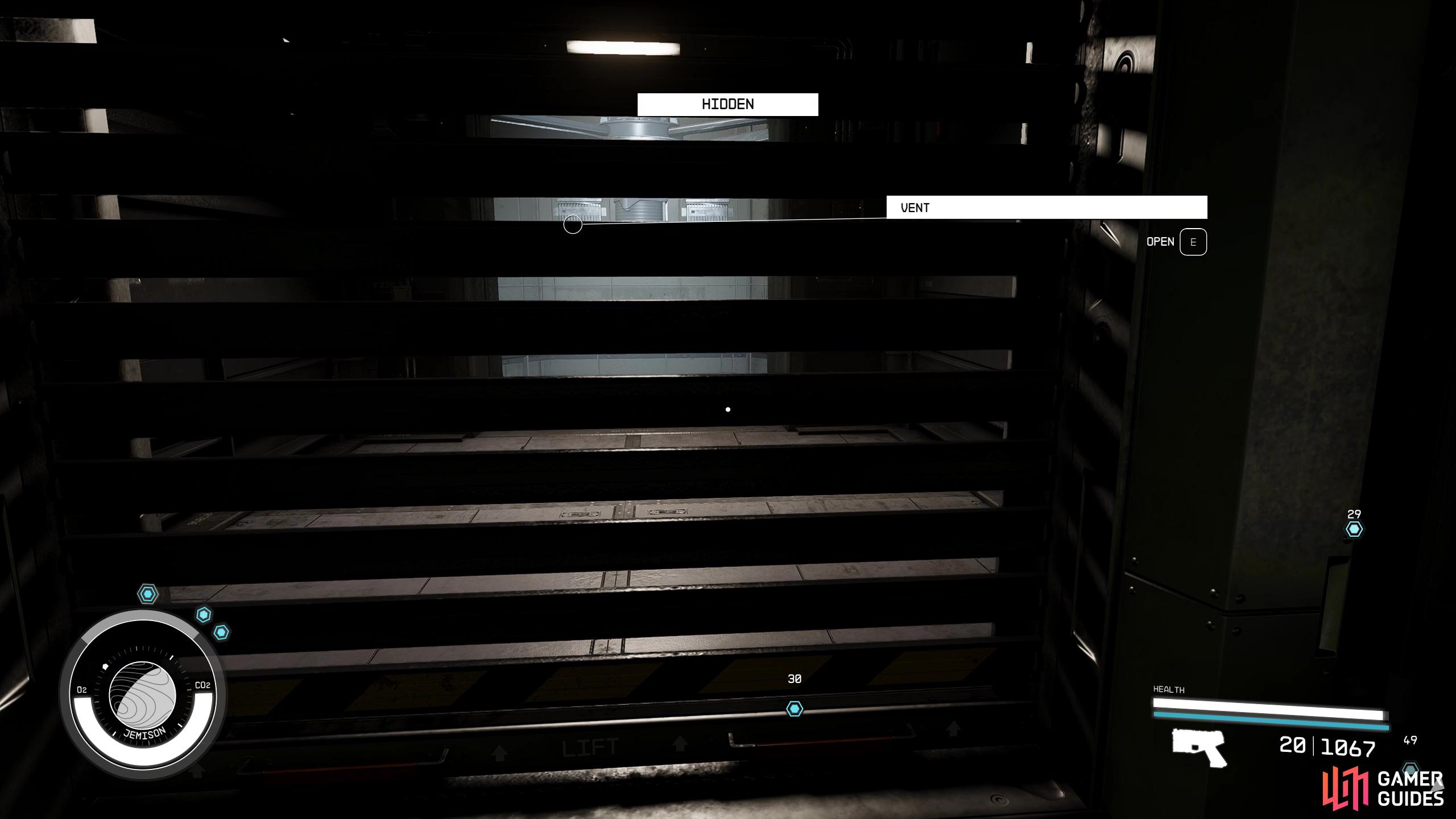 Go past the elevator and open the vent.