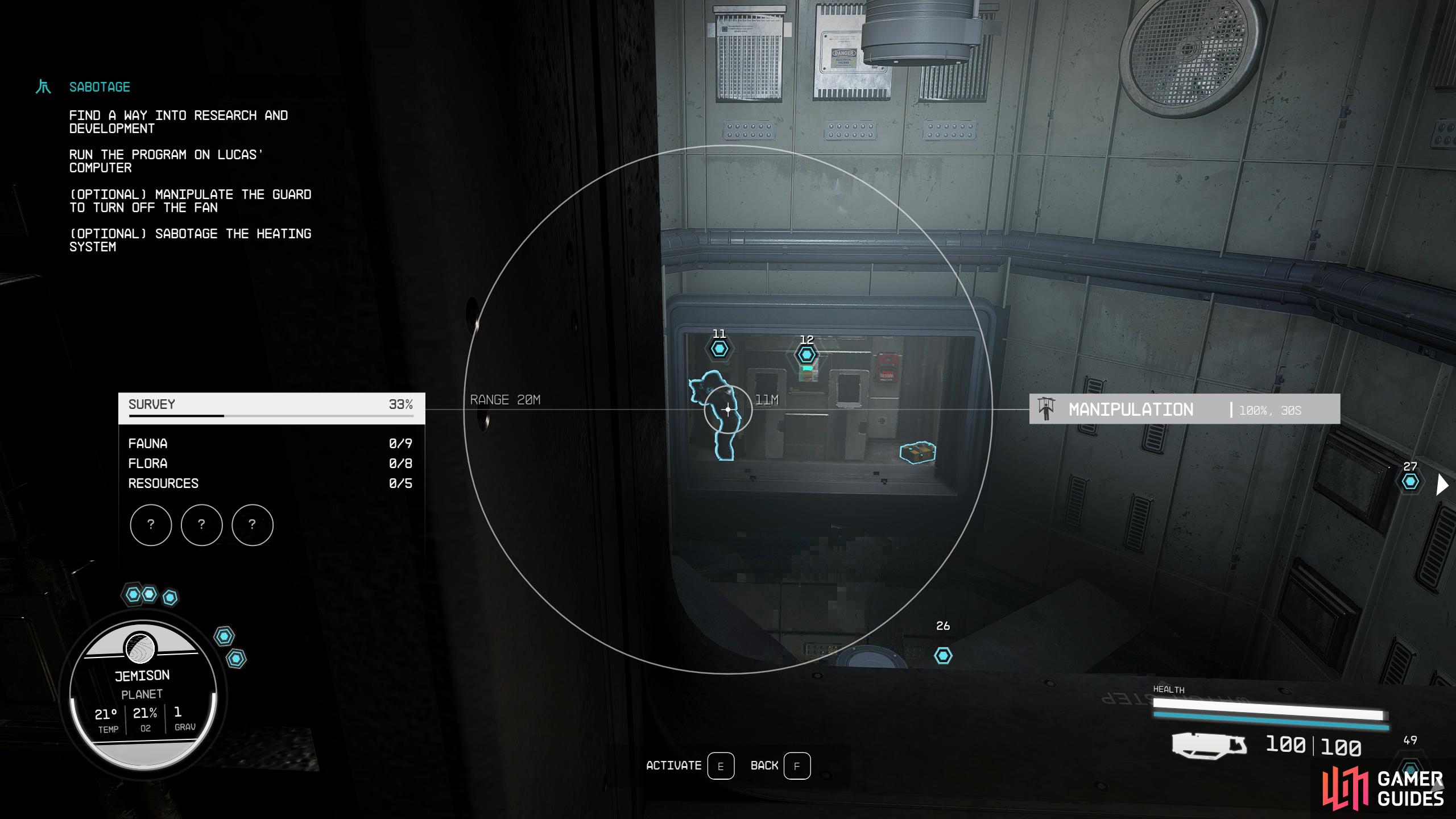Manipulate the guard across the room to turn off the fans.