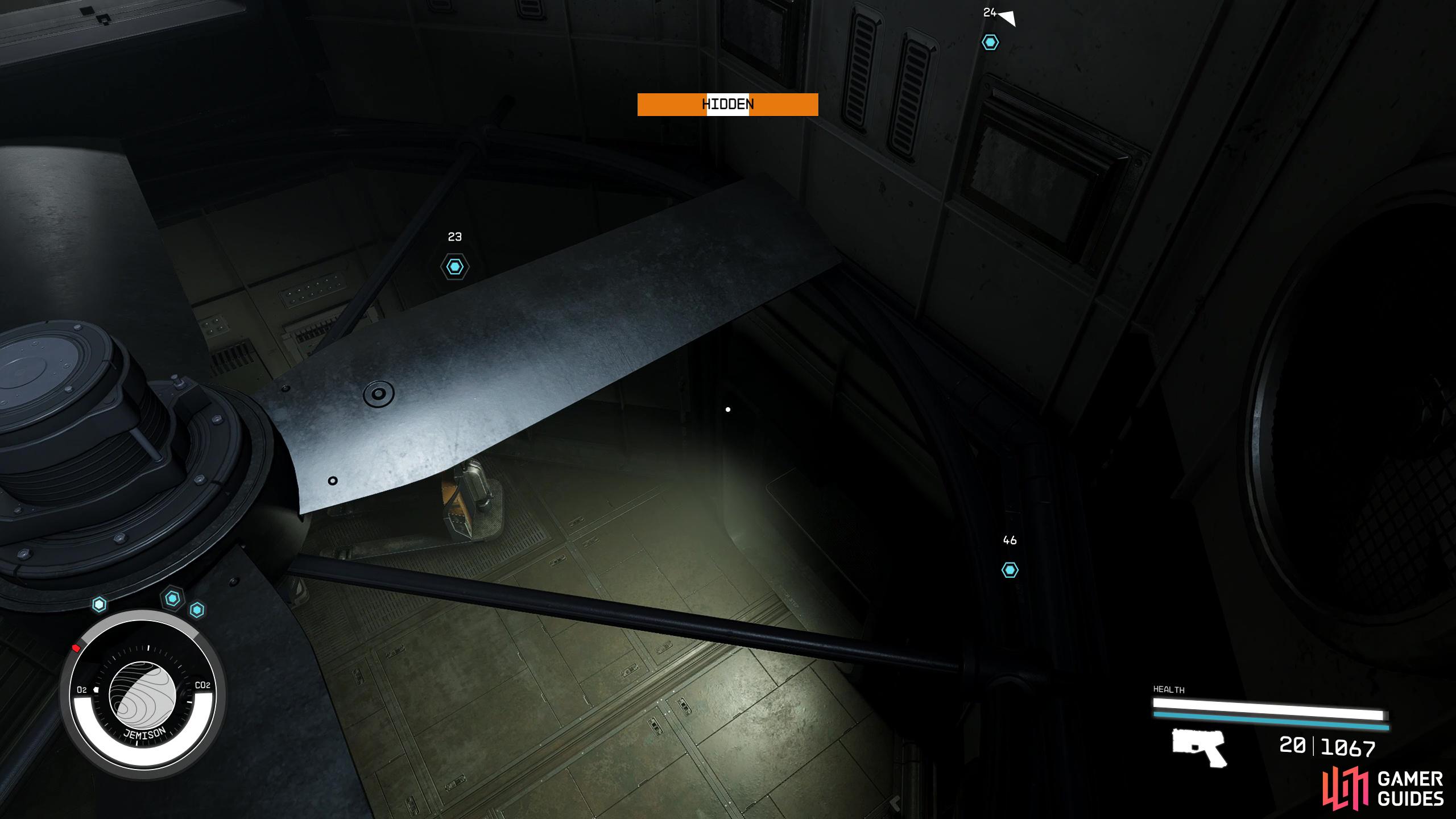 Drop past the fans onto the floor.