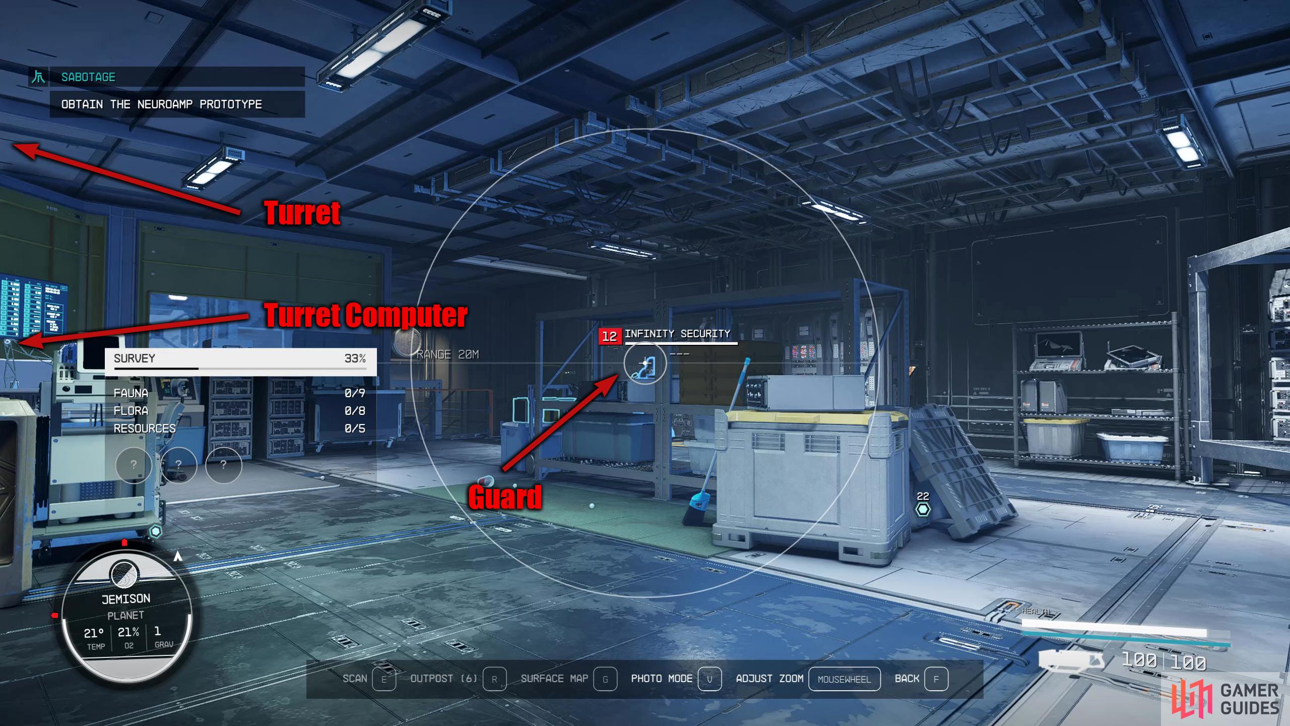 There will be a guard in the far corner to your right, and the turret computer to your left,