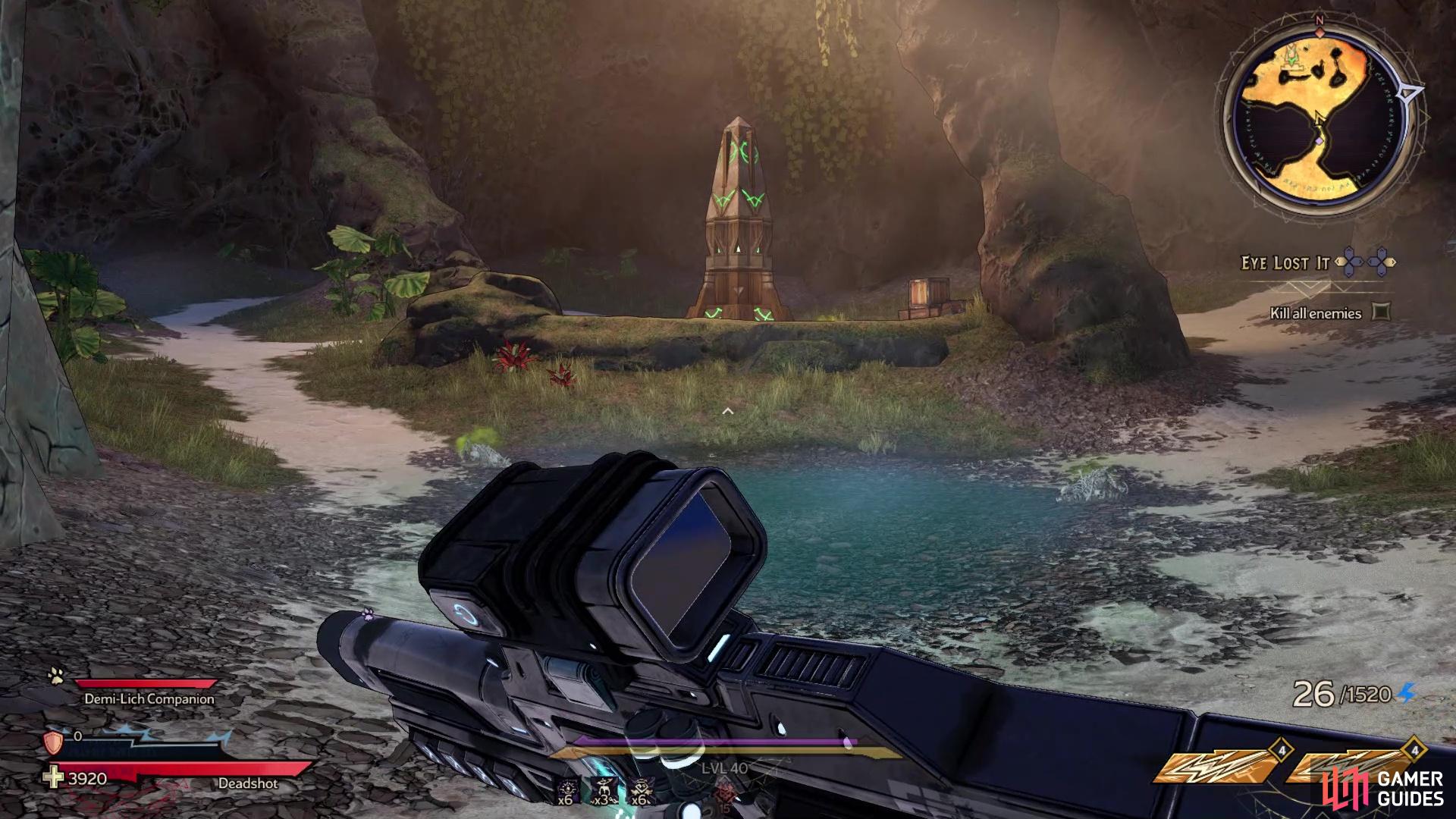 The Obelisk will be in the hidden area behind the waterfall