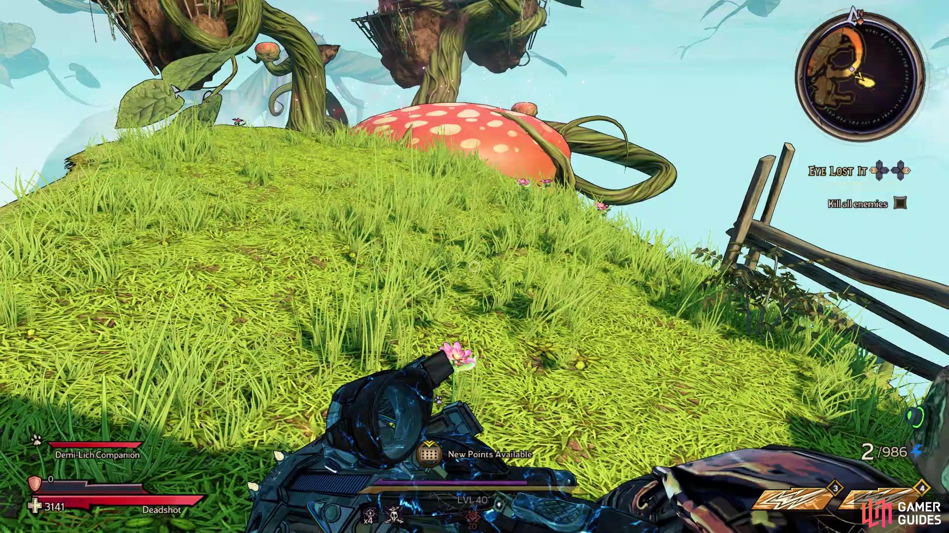 Use the mushroom pictured to bounce over to the area you need