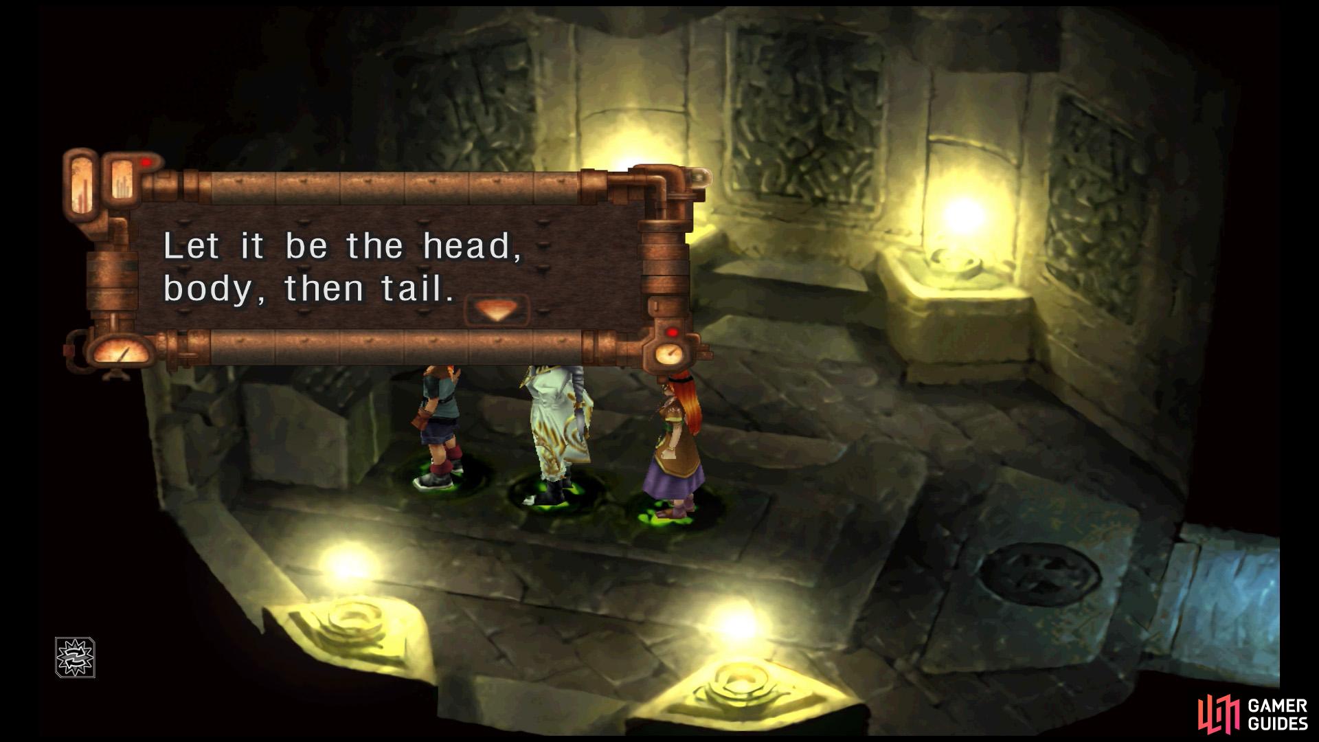 Next, press Select once to cycle your party members to get this order: head, body and tail.