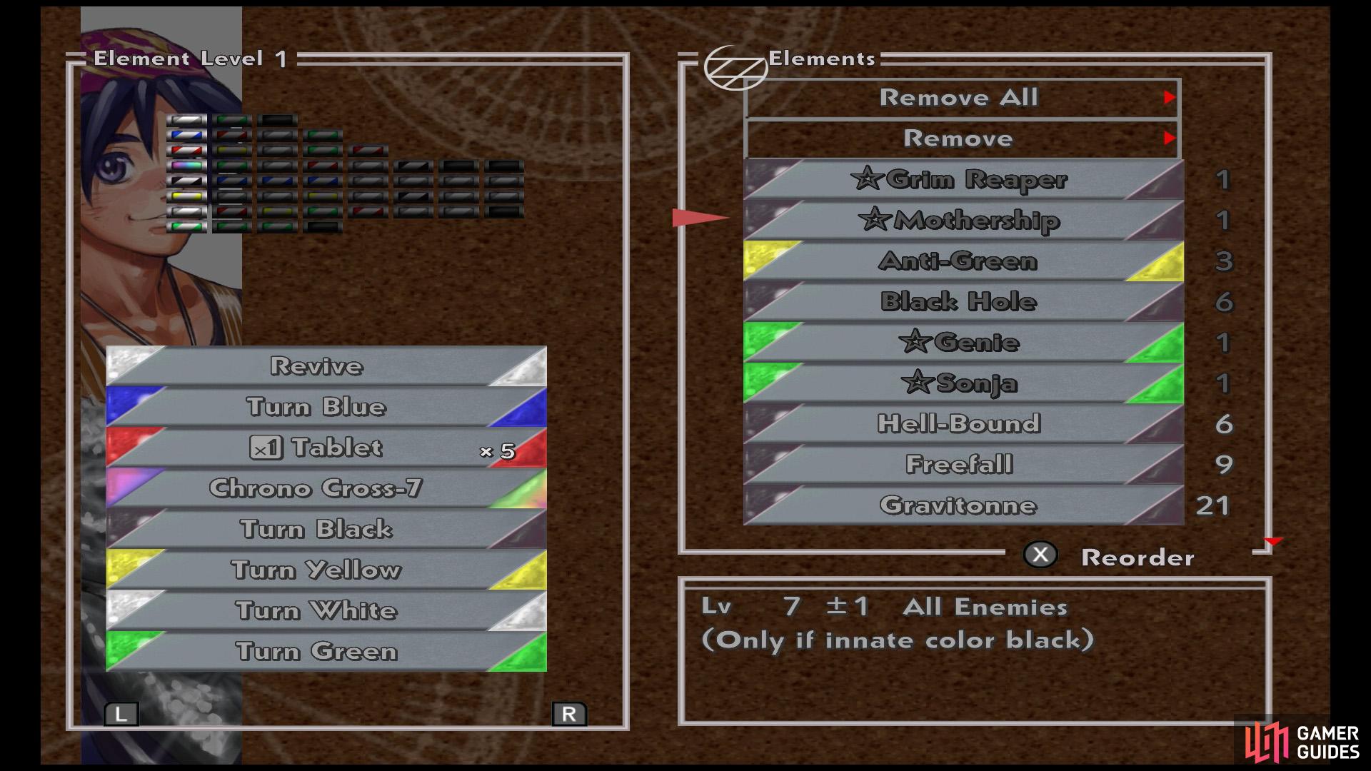 Give all your party members Level 1 Elements of every color, plus the Chrono Cross for Serge.