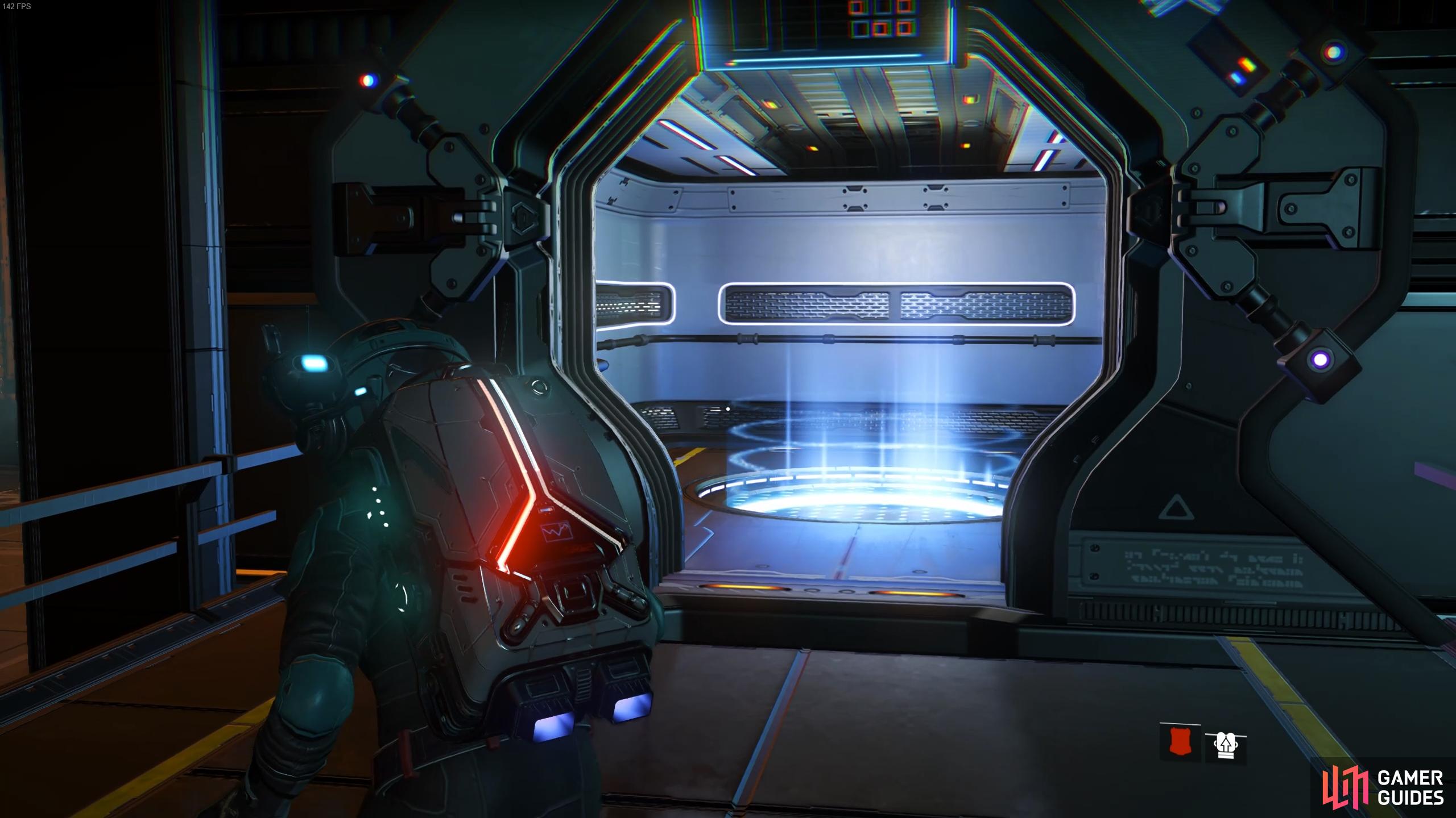You'll find a teleporter at the centre of the docking bay which brings you to the main command deck.