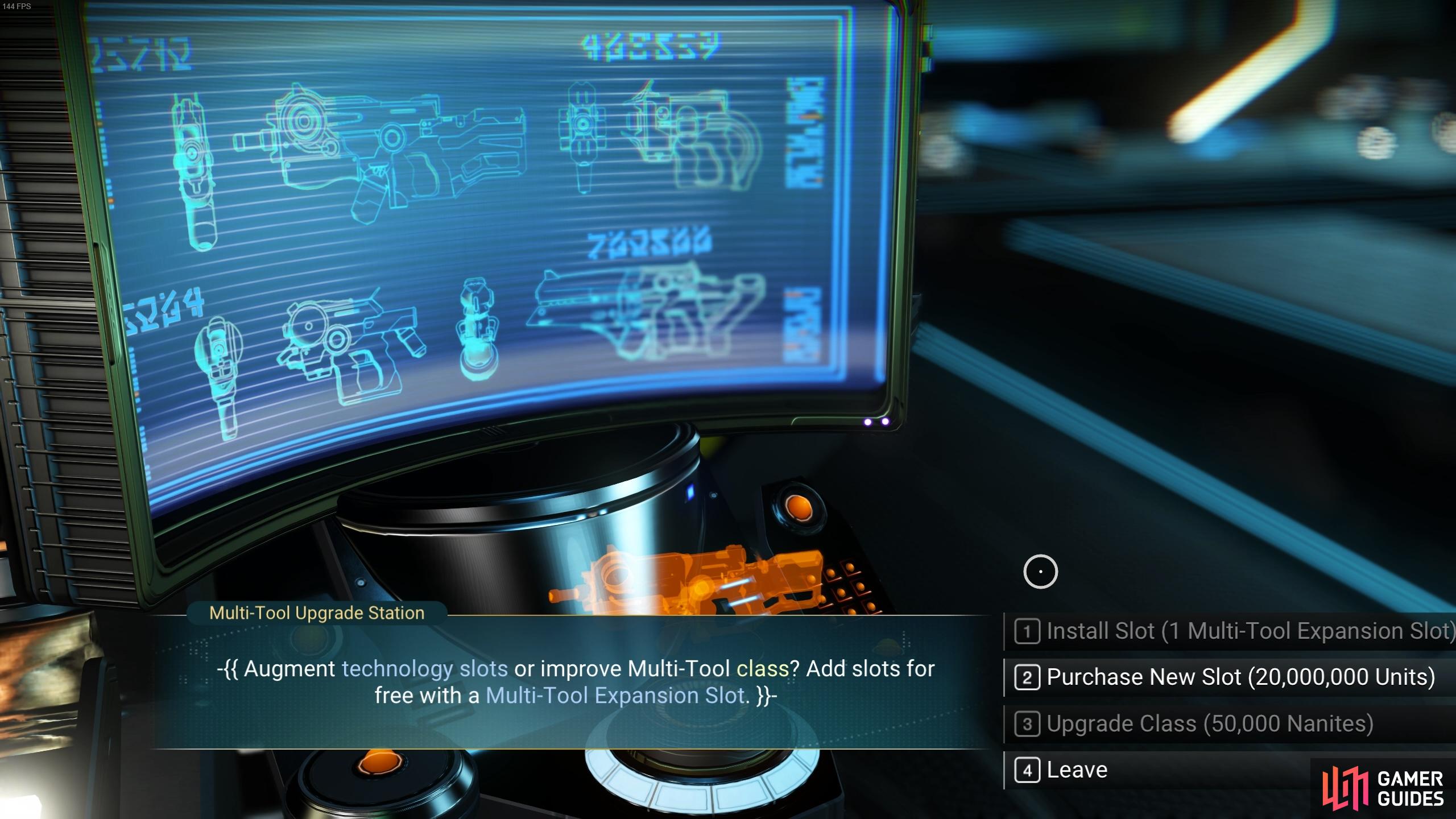 You can purchase inventory slots or class tier upgrades from the Multi-Tool Upgrade station on space stations.